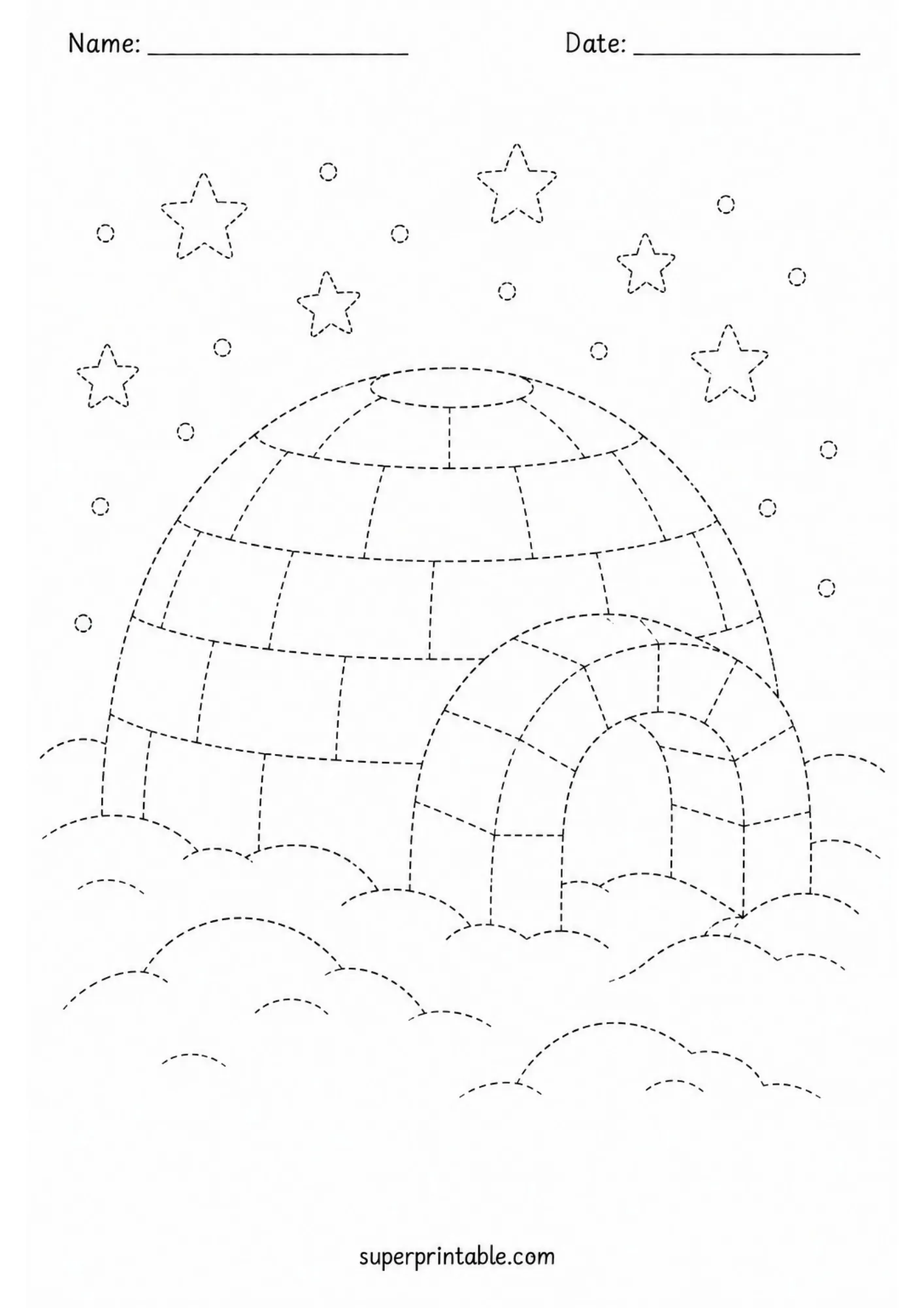 Snowy igloo dome surrounded by floating stars in a line-art fine motor tracing exercise.