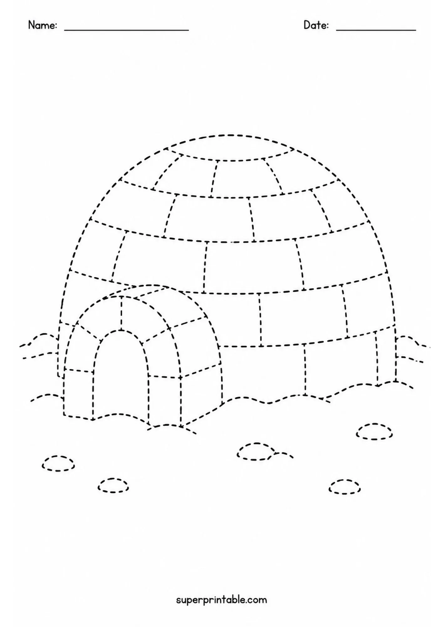 Polar arctic activity worksheet showing a classic snow igloo dome made of dotted blocks to trace.