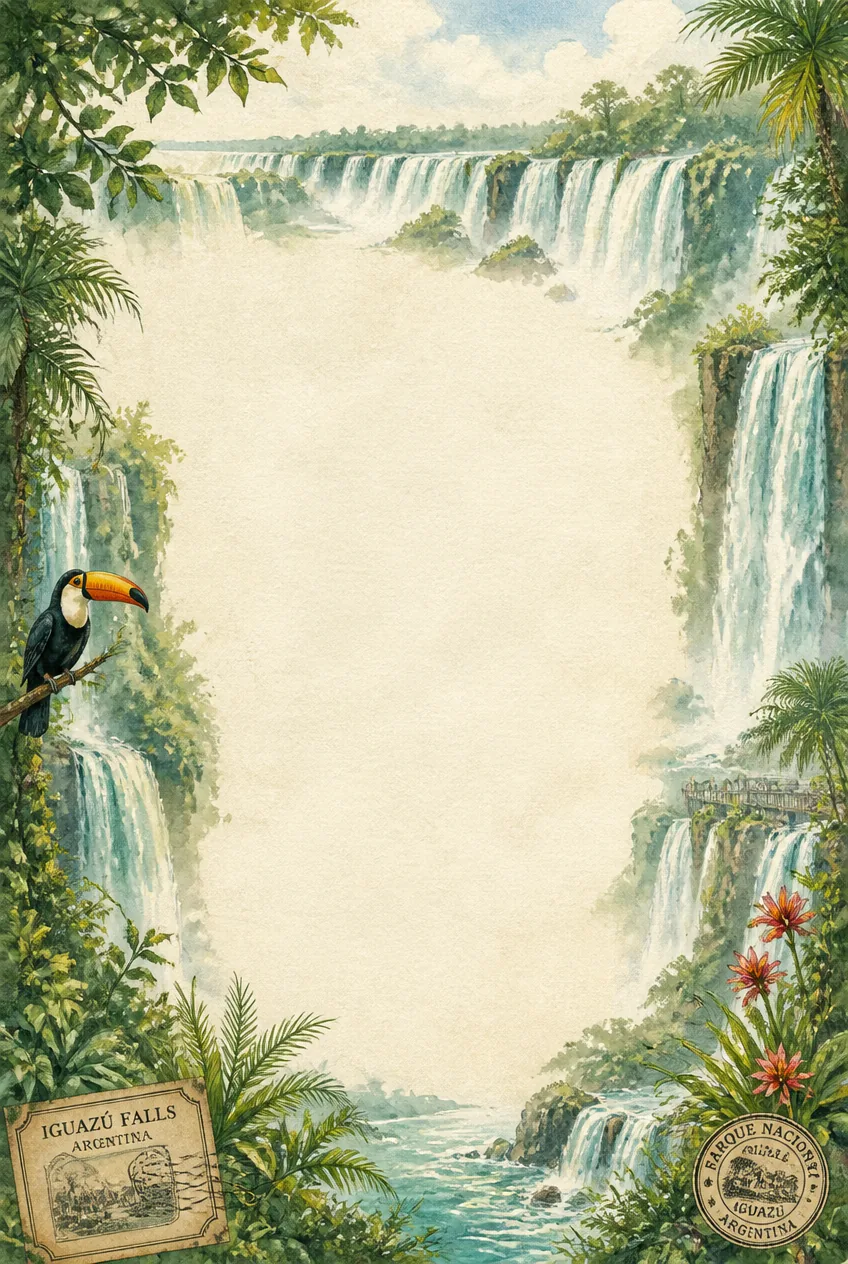 Rainforest watercolor stationery border displaying Iguazu Falls and tropical palms.