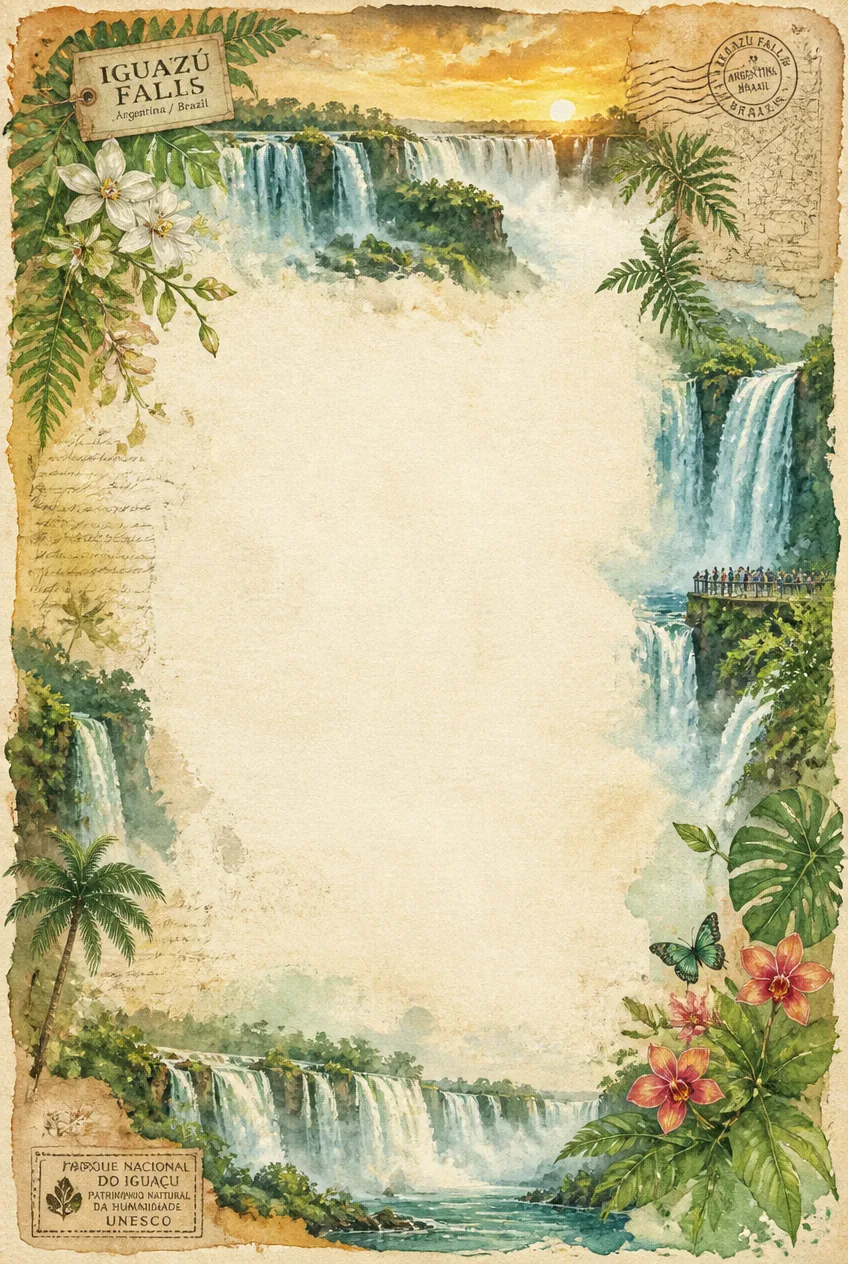 Golden sunset watercolor page border with Iguazu Falls and tropical monstera leaves.