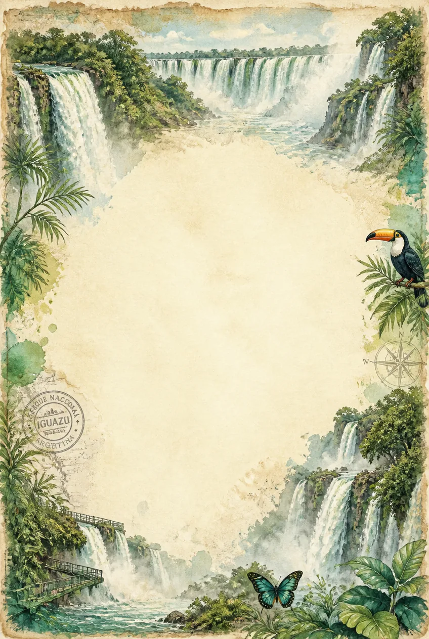 Tropical watercolor border with Iguazu Falls, lush rainforest, and a colorful toucan.
