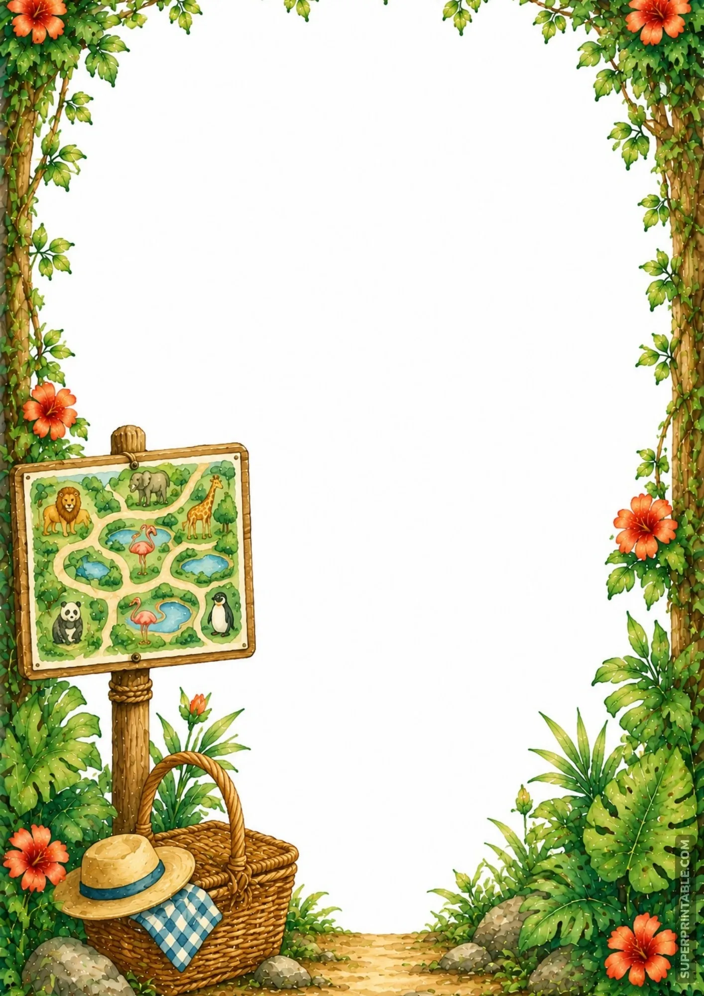 Illustrated zoo map sign and woven picnic basket frame with lush vine borders and hibiscus flowers.
