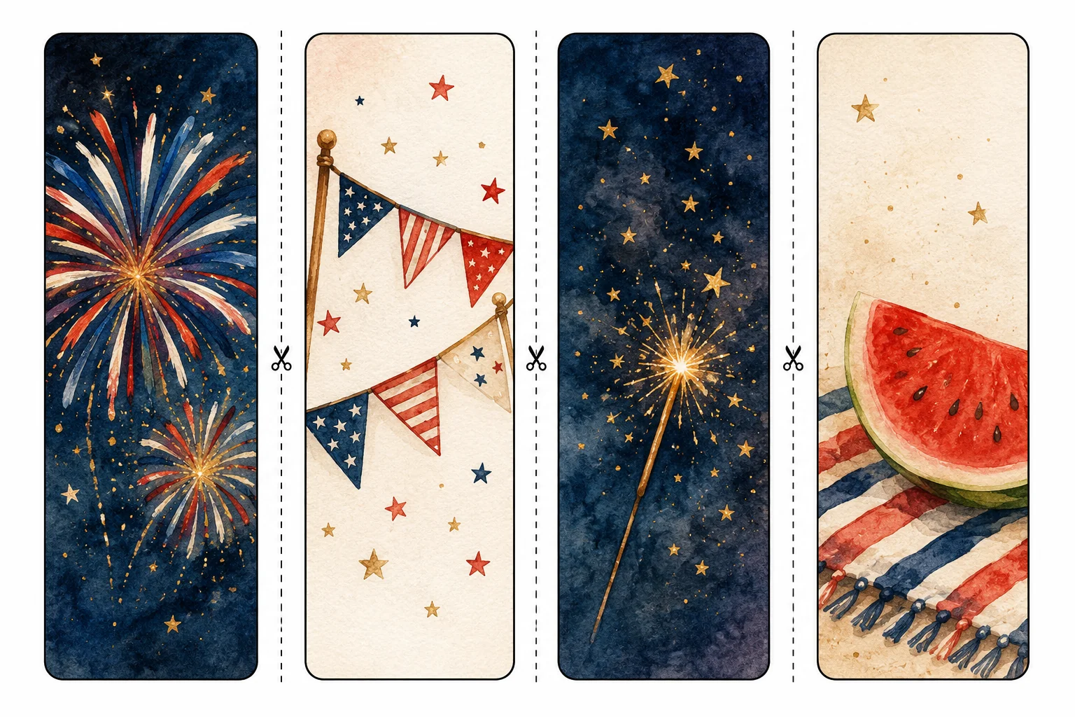 Printable Independence Day bookmarks sheet 1, fireworks and watermelon