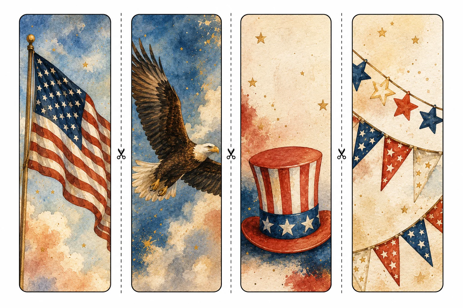 Printable Independence Day bookmarks sheet 2, flag and uncle sam hat