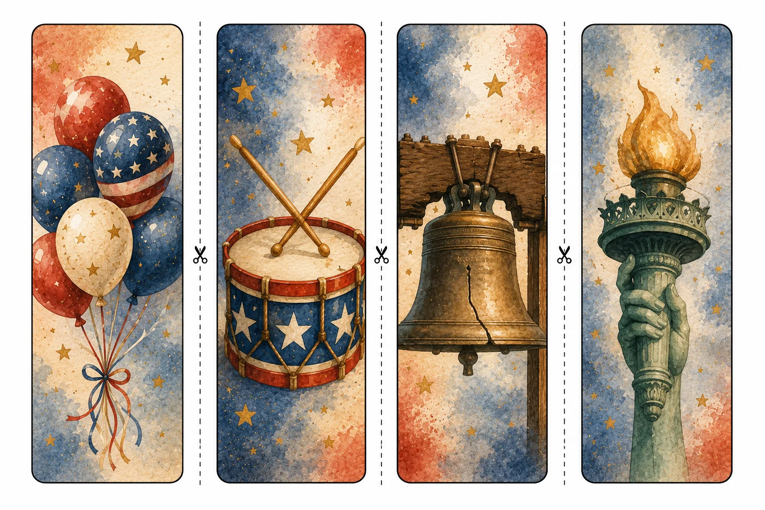 Printable Independence Day bookmarks sheet 3, liberty bell and torch