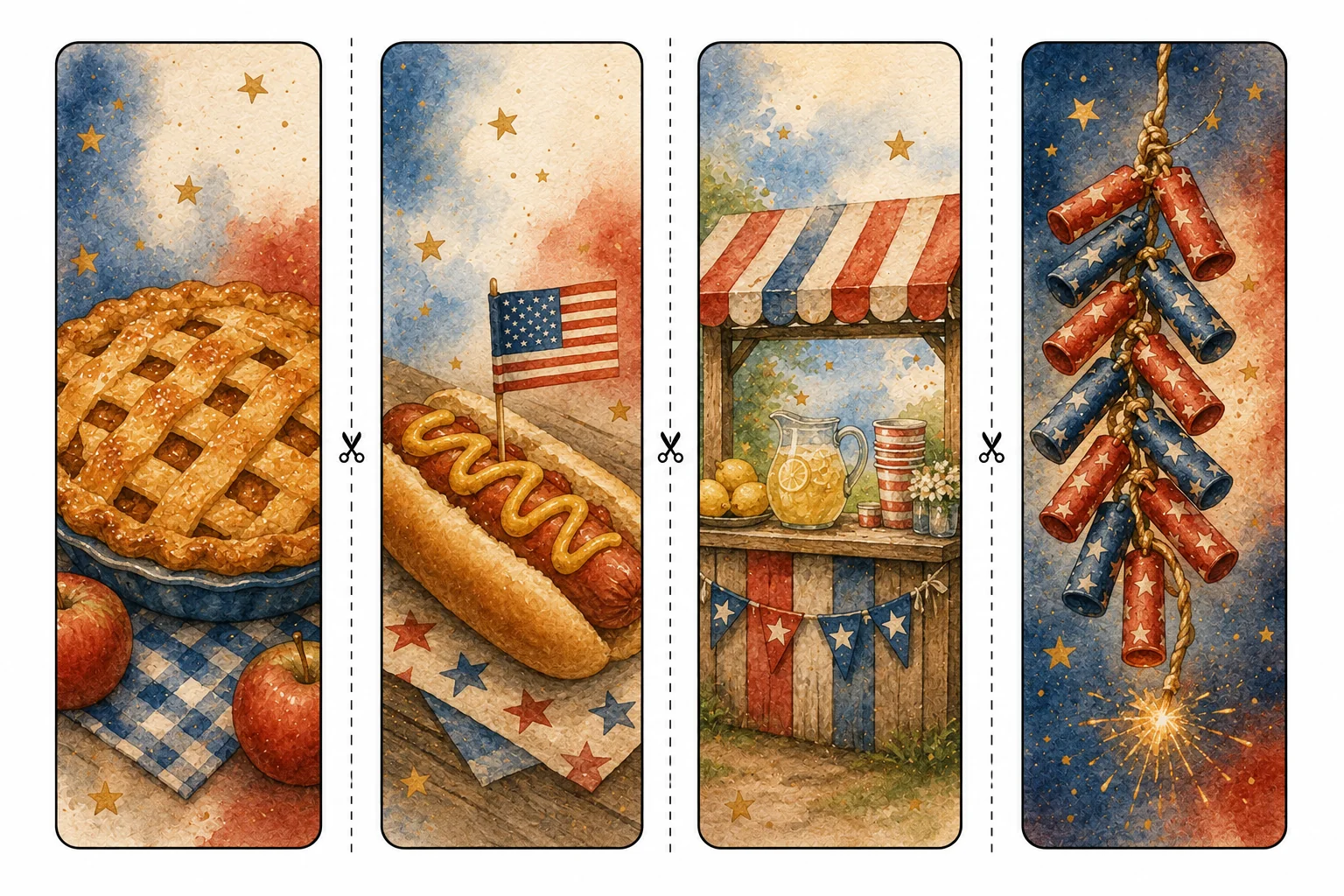 Printable Independence Day bookmarks sheet 4, apple pie and lemonade stand