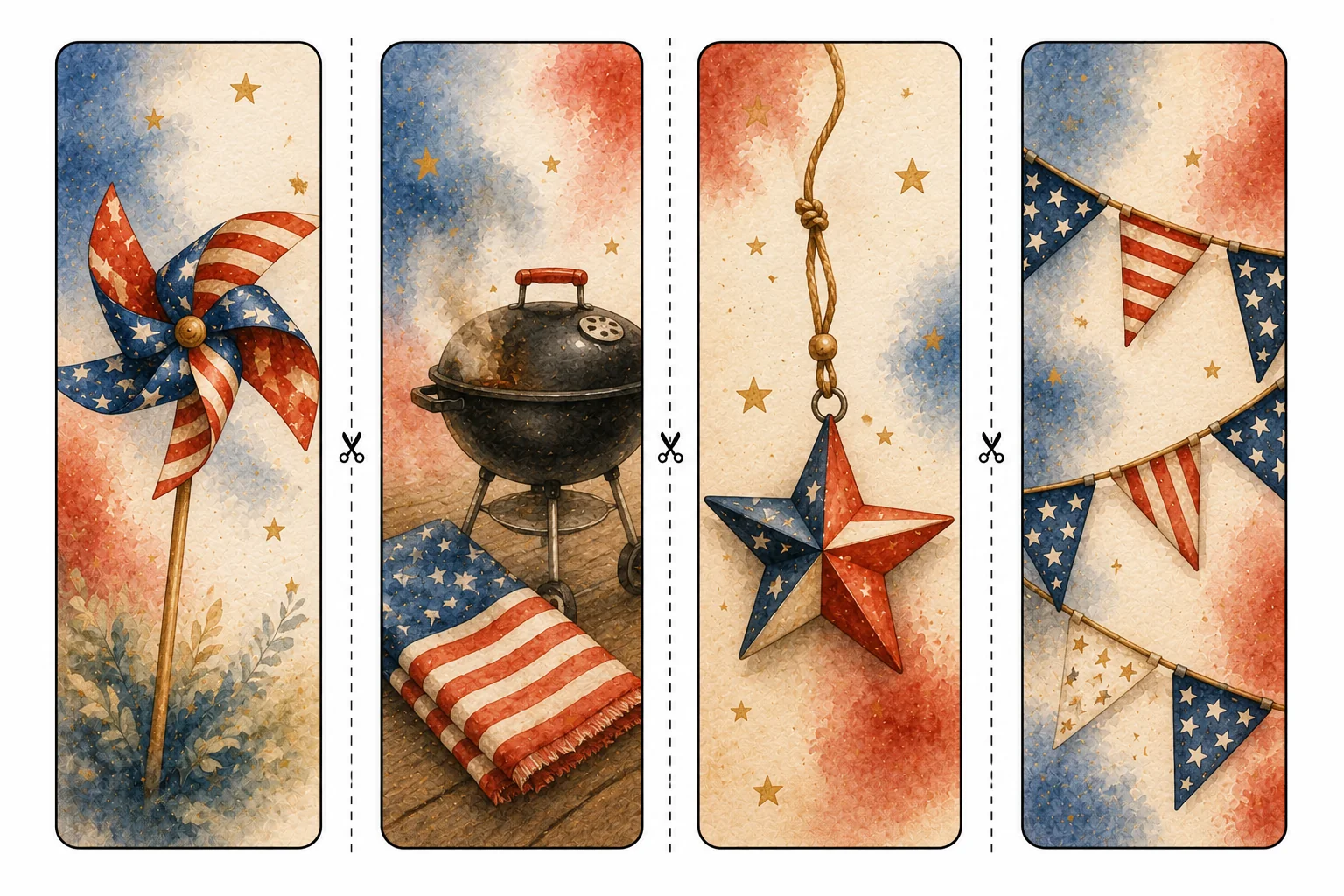 Printable Independence Day bookmarks sheet 5, pinwheel and grill