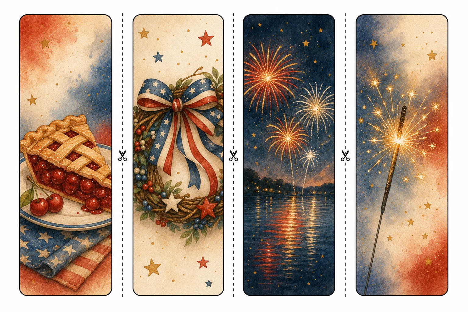 Printable Independence Day bookmarks sheet 6, cherry pie and lake fireworks