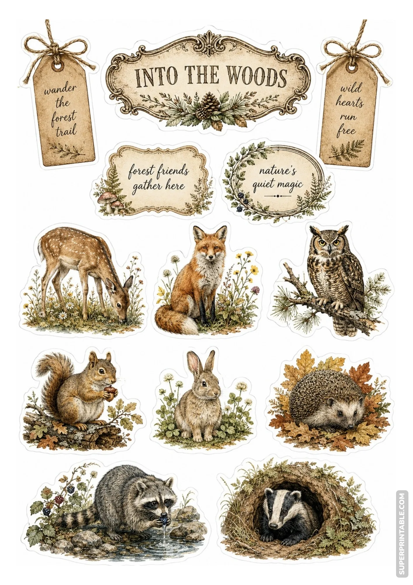 Printable nature and animal sticker sheets with vintage woodland wildlife illustrations.