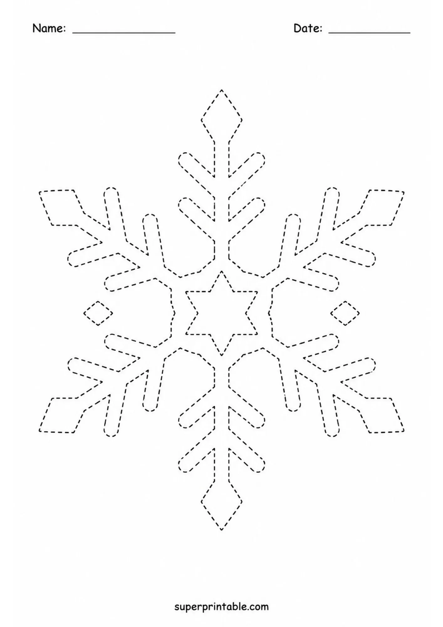 Black and white tracing worksheet showing a detailed snowflake design with a central star and six detailed branches.