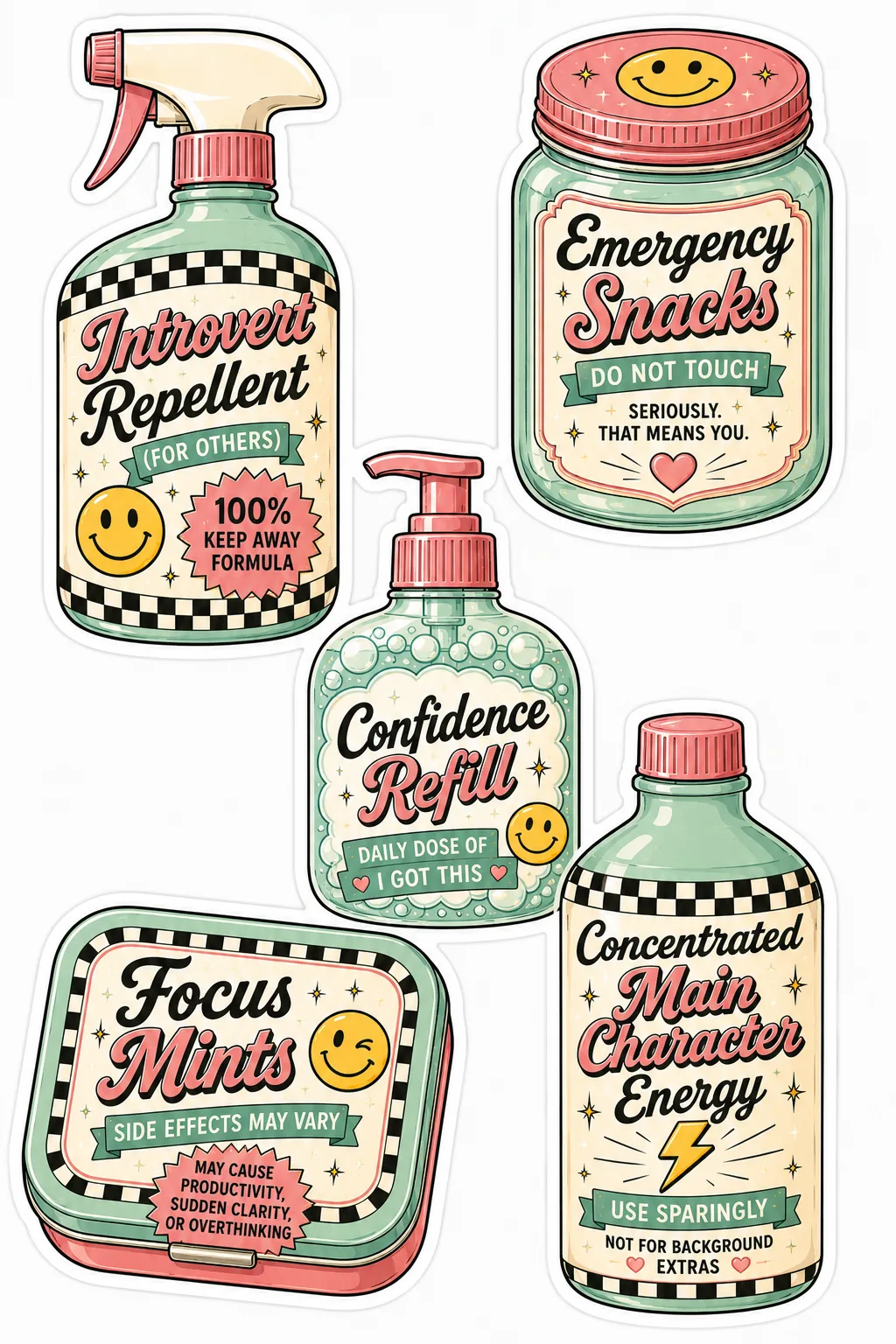 Introvert repellent, emergency snacks, confidence refill, focus mints and main character energy.