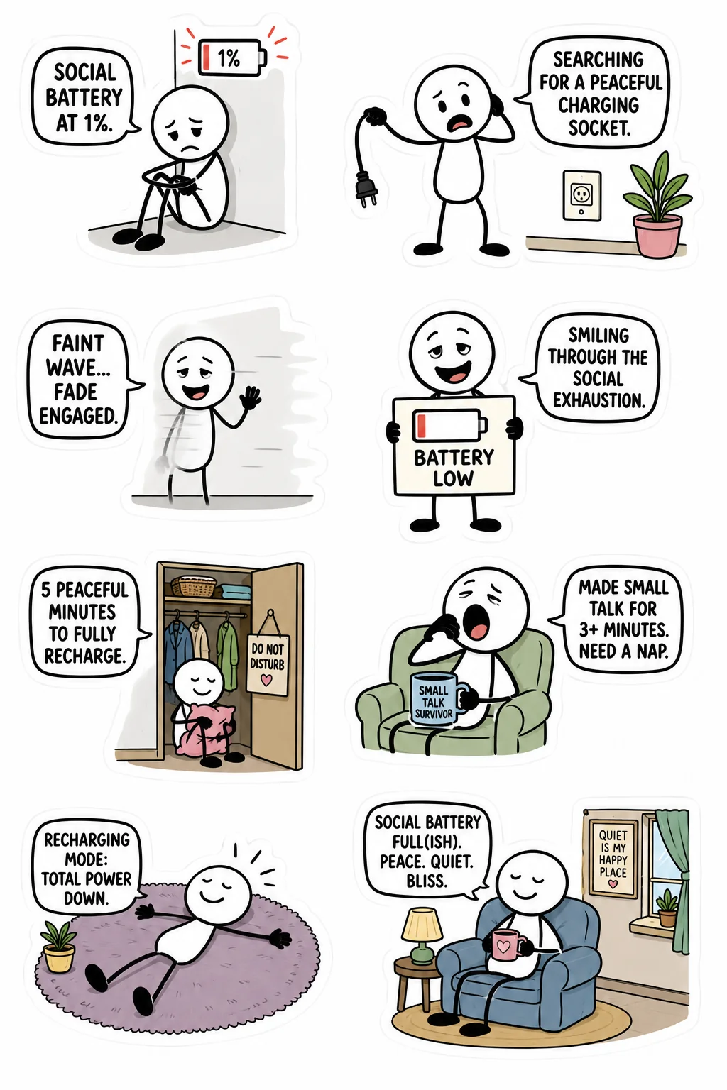 Printable introvert life sticker sheet with eight social battery stick-figure stickers