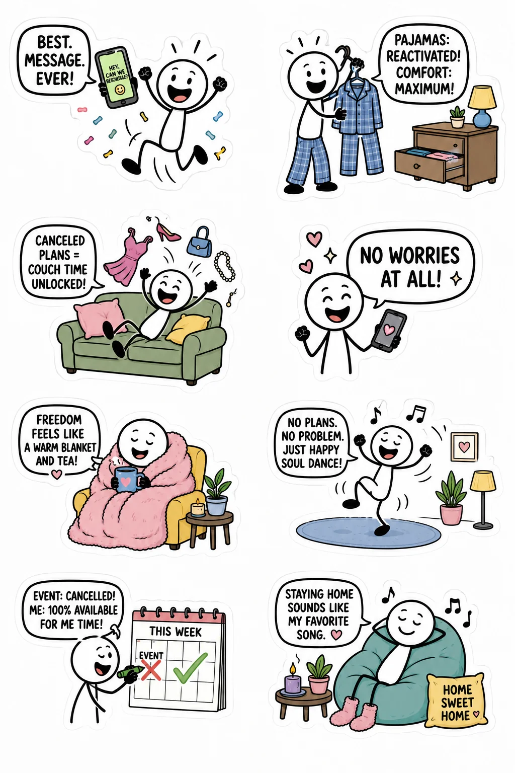 Printable introvert life sticker sheet with eight canceled plans stick-figure stickers