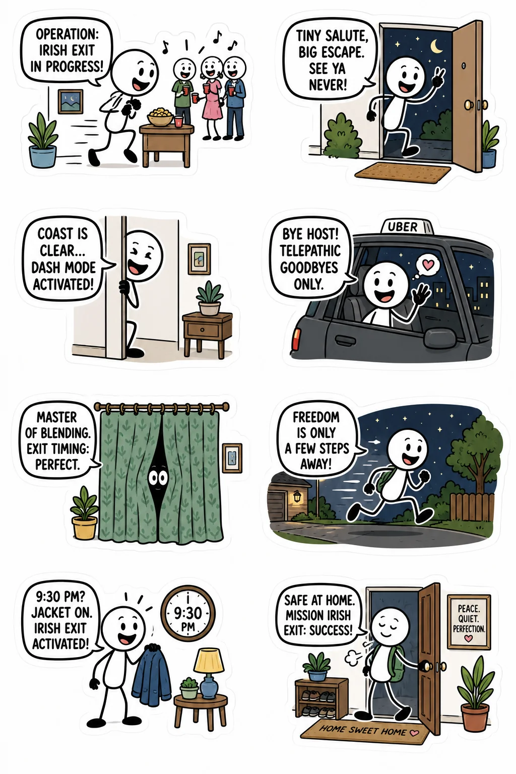 Printable introvert life sticker sheet with eight irish exit stick-figure stickers