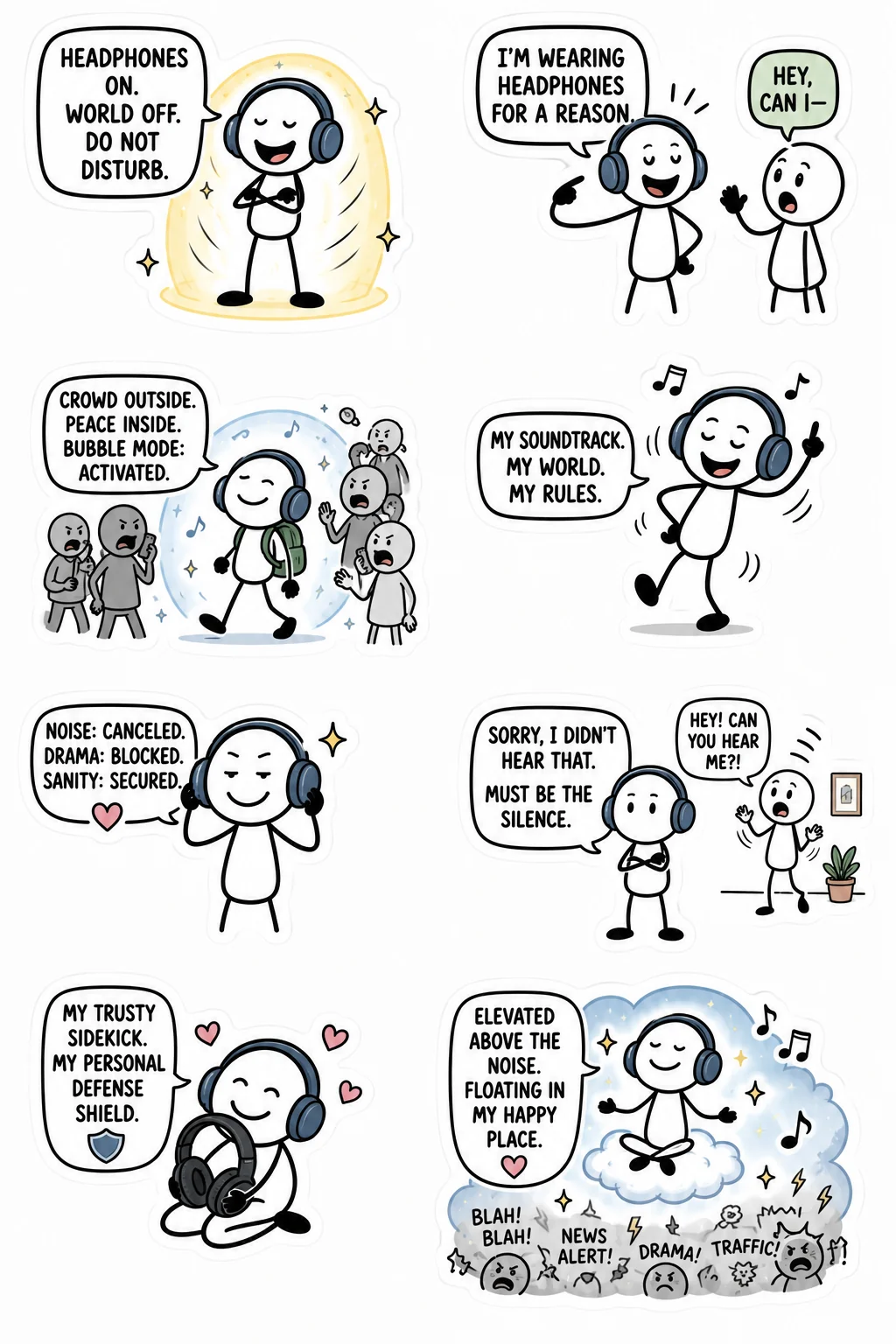 Printable introvert life sticker sheet with eight noise-canceling headphones stick-figure stickers