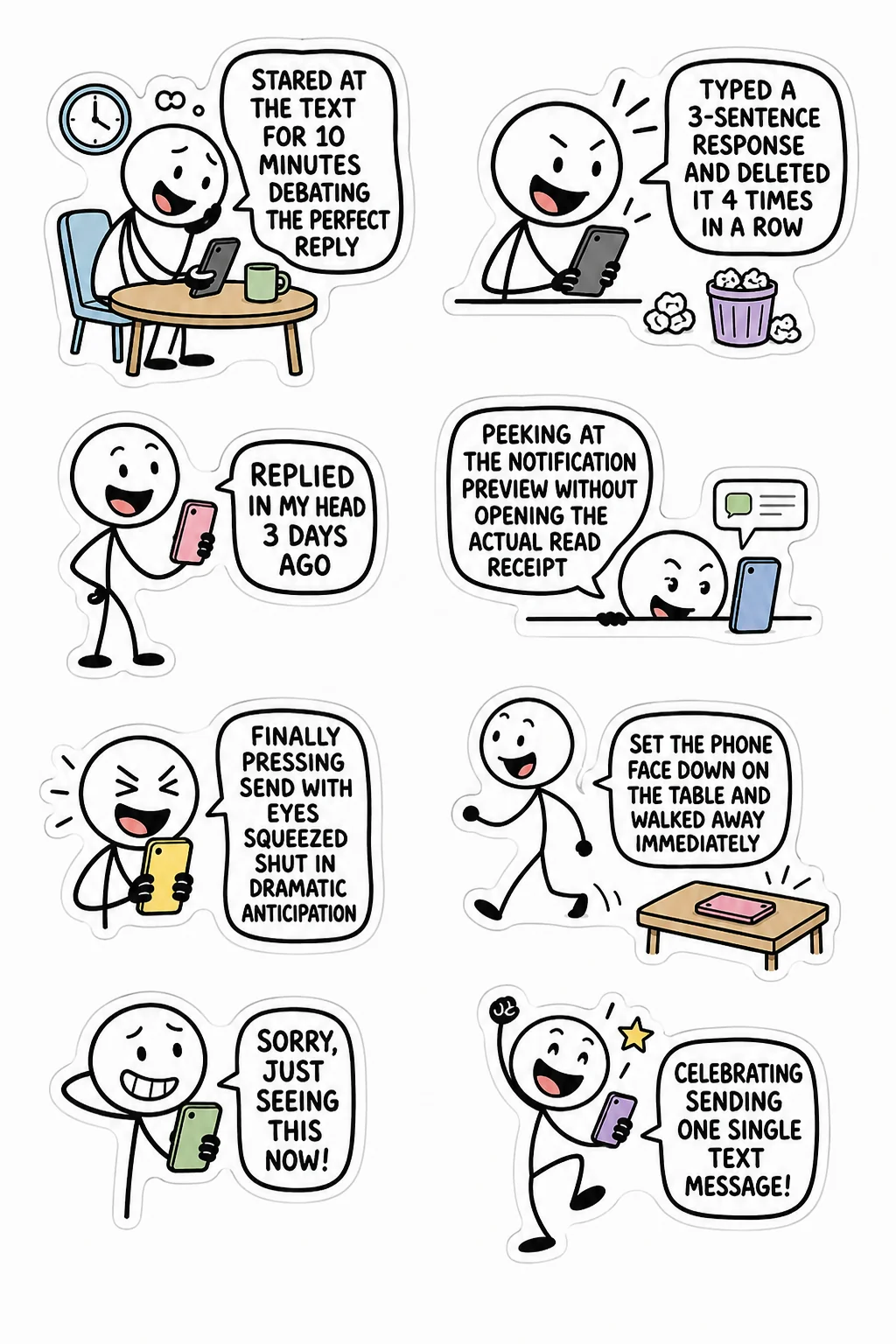 Printable introvert life sticker sheet with eight texting anxiety stick-figure stickers