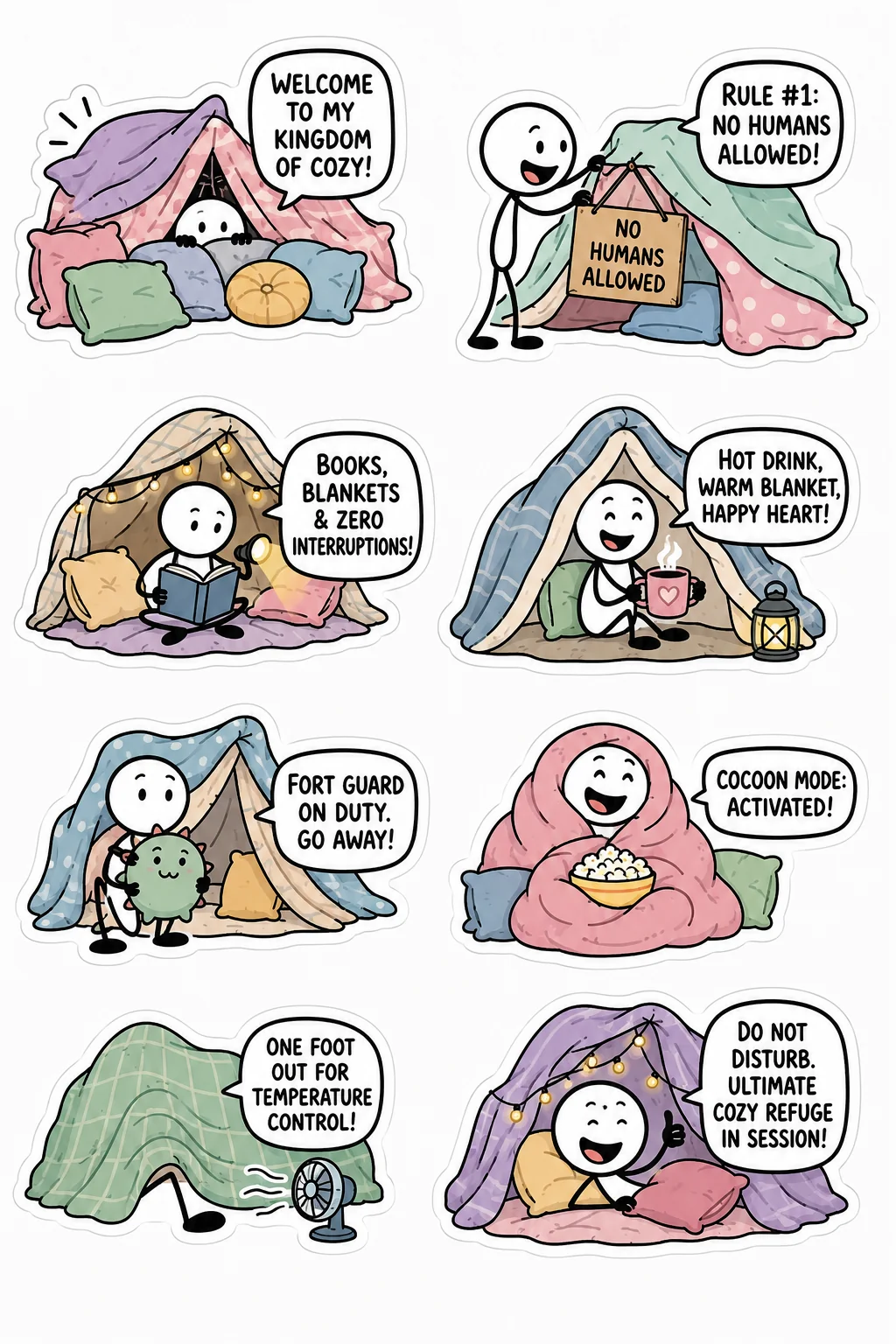 Printable introvert life sticker sheet with eight blanket fort stick-figure stickers