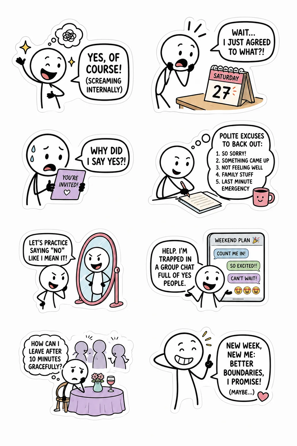 Printable introvert life sticker sheet with eight people-pleasing stick-figure stickers