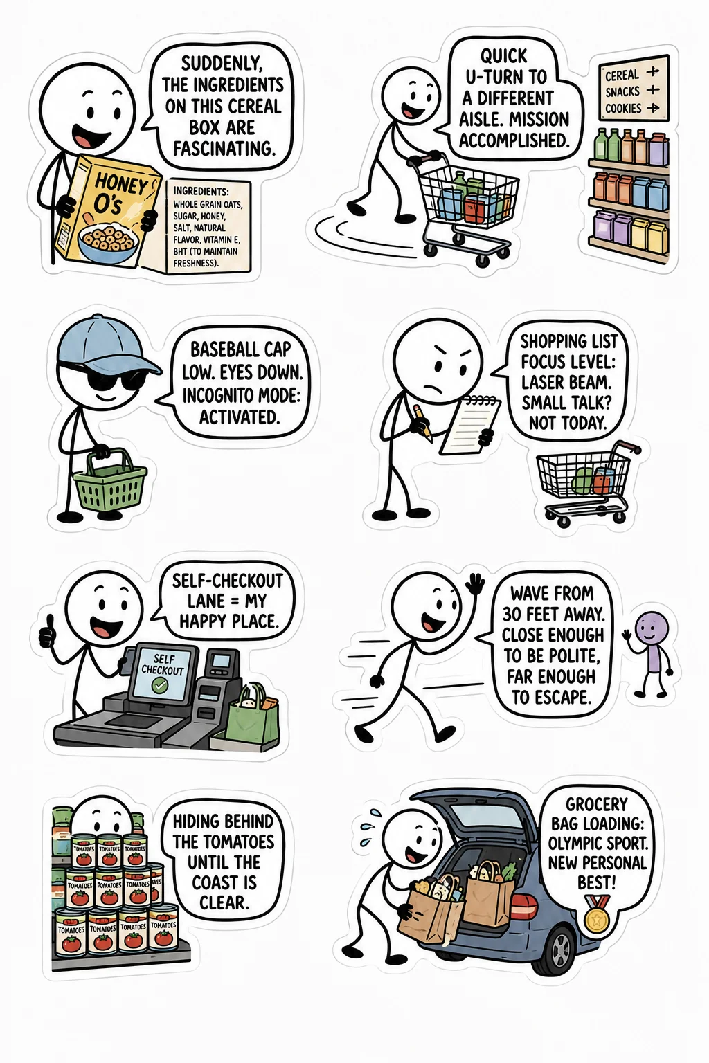 Printable introvert life sticker sheet with eight grocery small talk stick-figure stickers