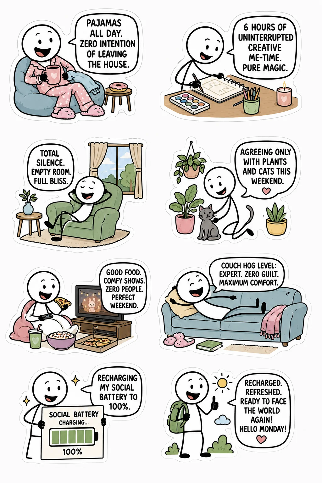 Printable introvert life sticker sheet with eight weekend recharge stick-figure stickers