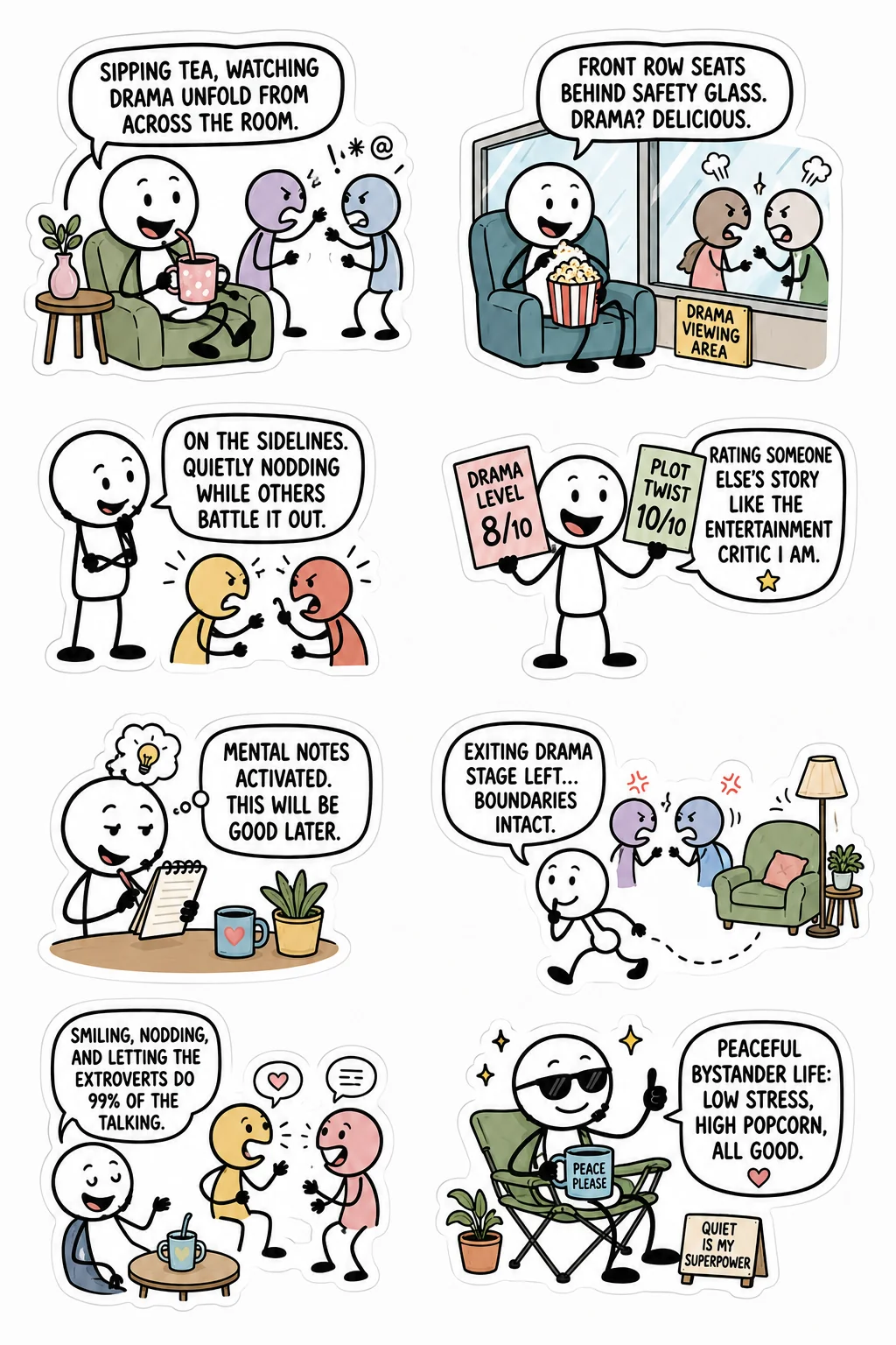 Printable introvert life sticker sheet with eight drama from a distance stick-figure stickers
