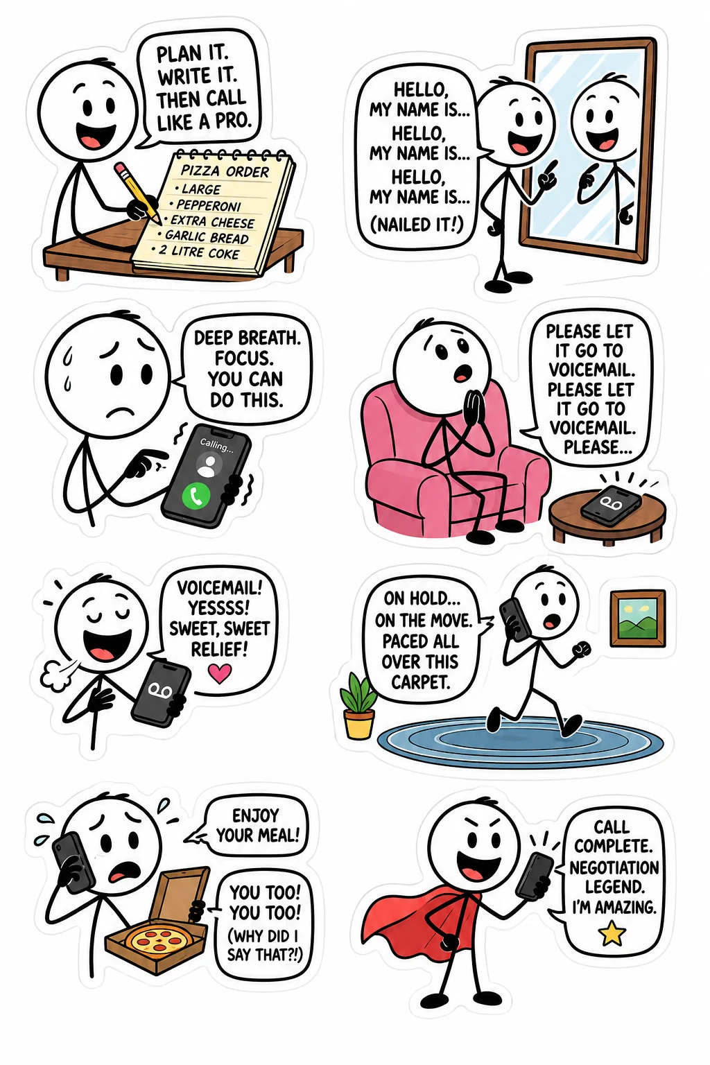 Printable introvert life sticker sheet with eight phone call rehearsal stick-figure stickers