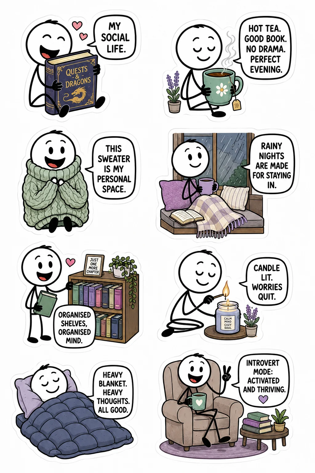 Printable introvert life sticker sheet with eight cozy night in stick-figure stickers
