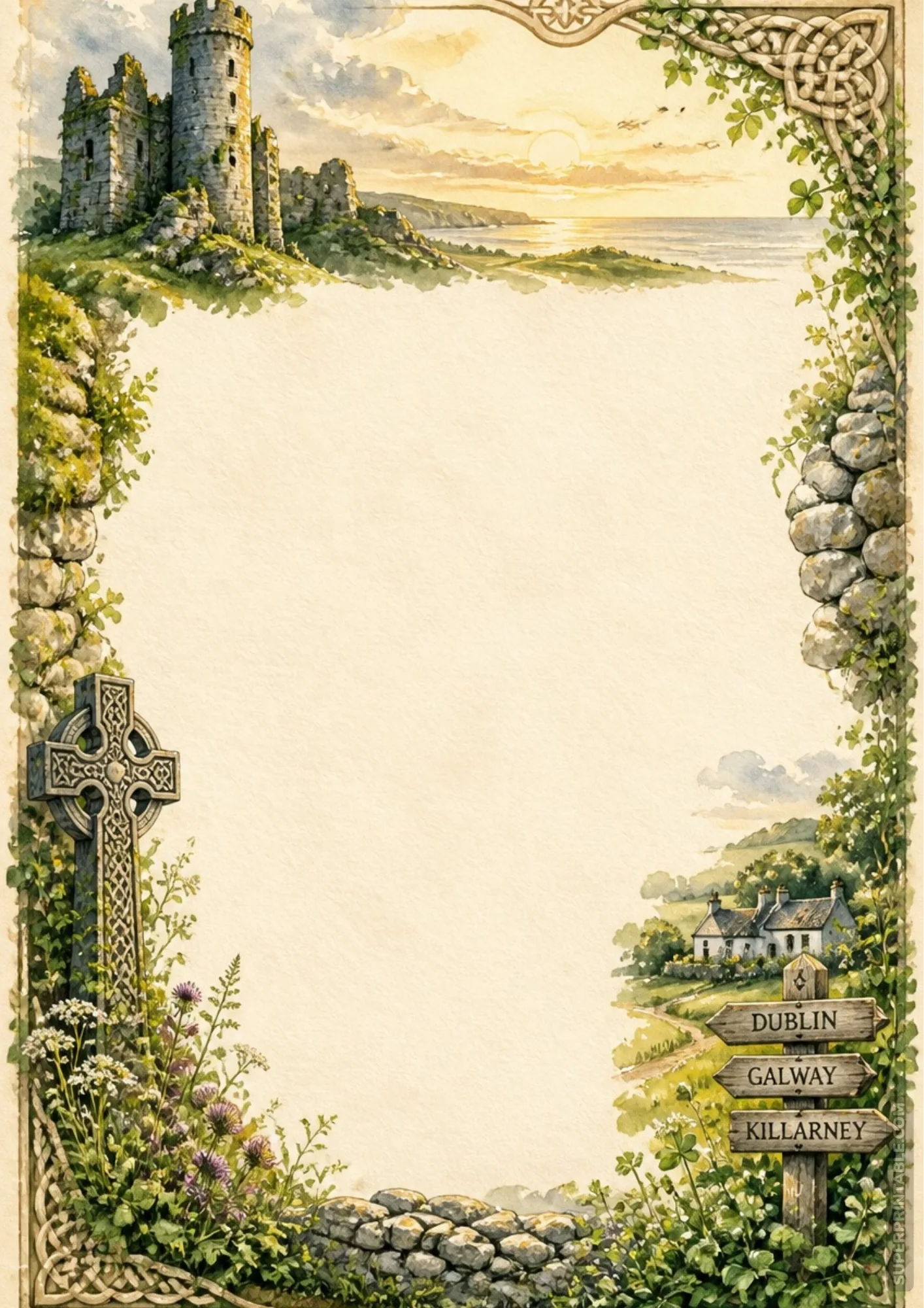 Ireland castle ruins watercolor stationery paper with Celtic cross and Dublin Galway signpost