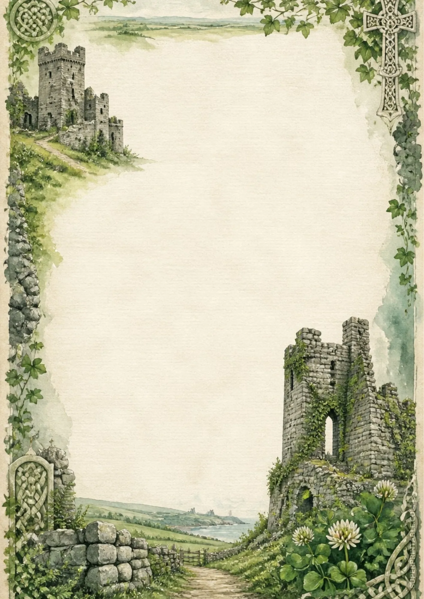 Irish castle ruins watercolor border paper featuring Celtic cross and green clover field scenery