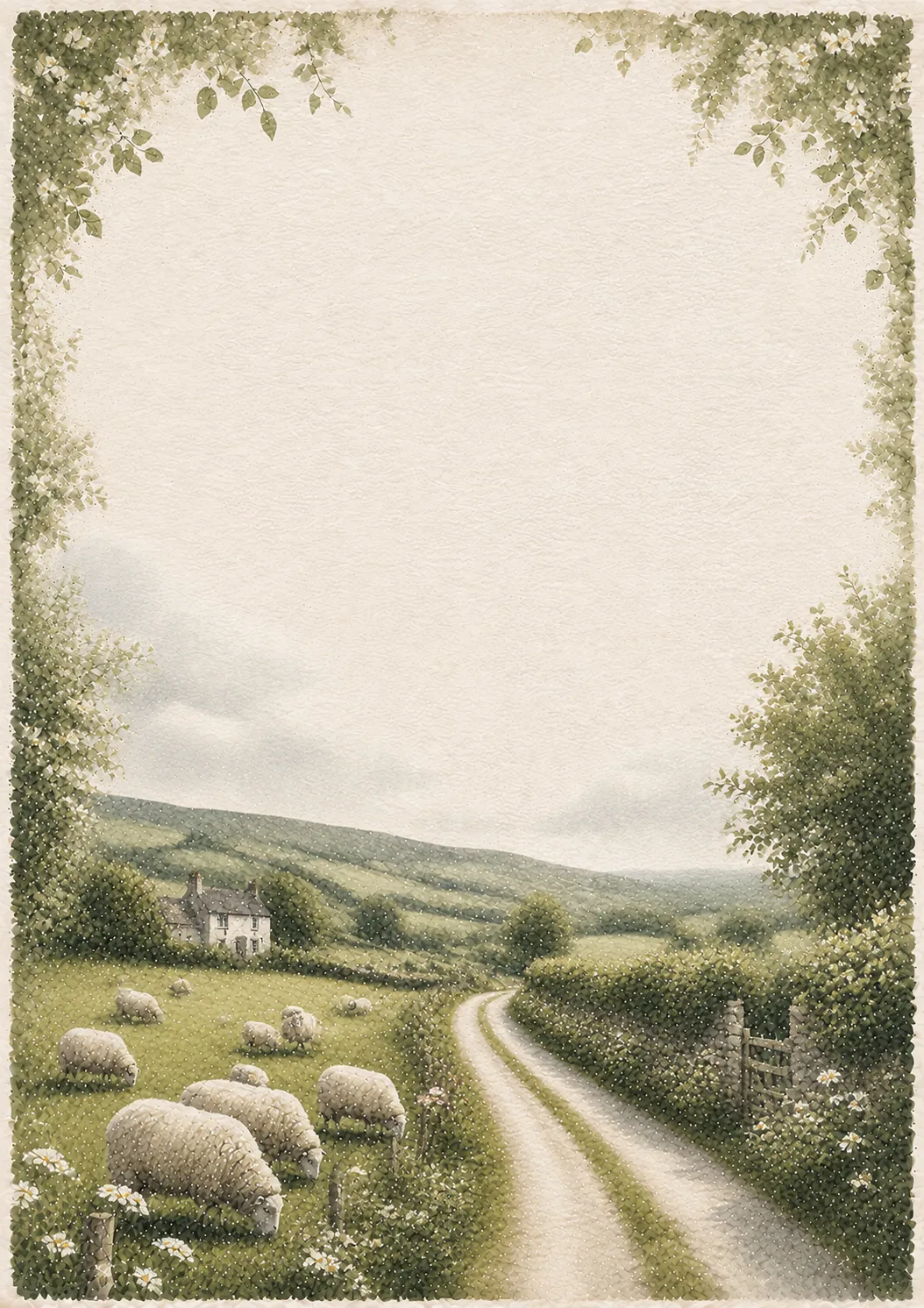 Flock of sheep grazing in green pastoral fields beside a dirt country road