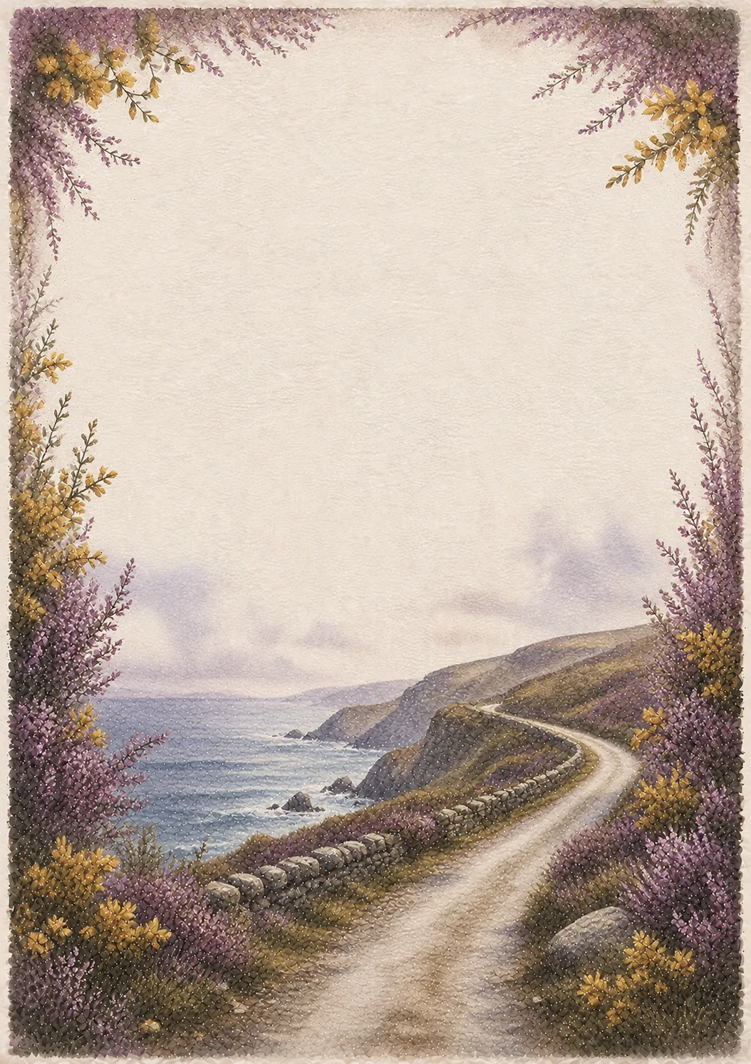 Coastal dirt road surrounded by blooming purple heather flowers and sea cliffs