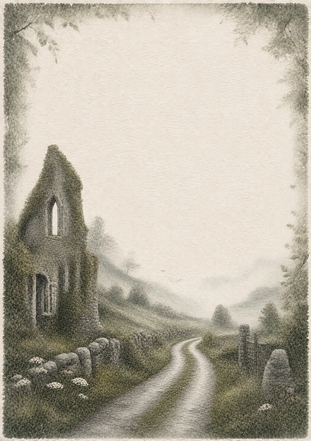 Historic stone ruin covered in ivy standing beside a misty country path