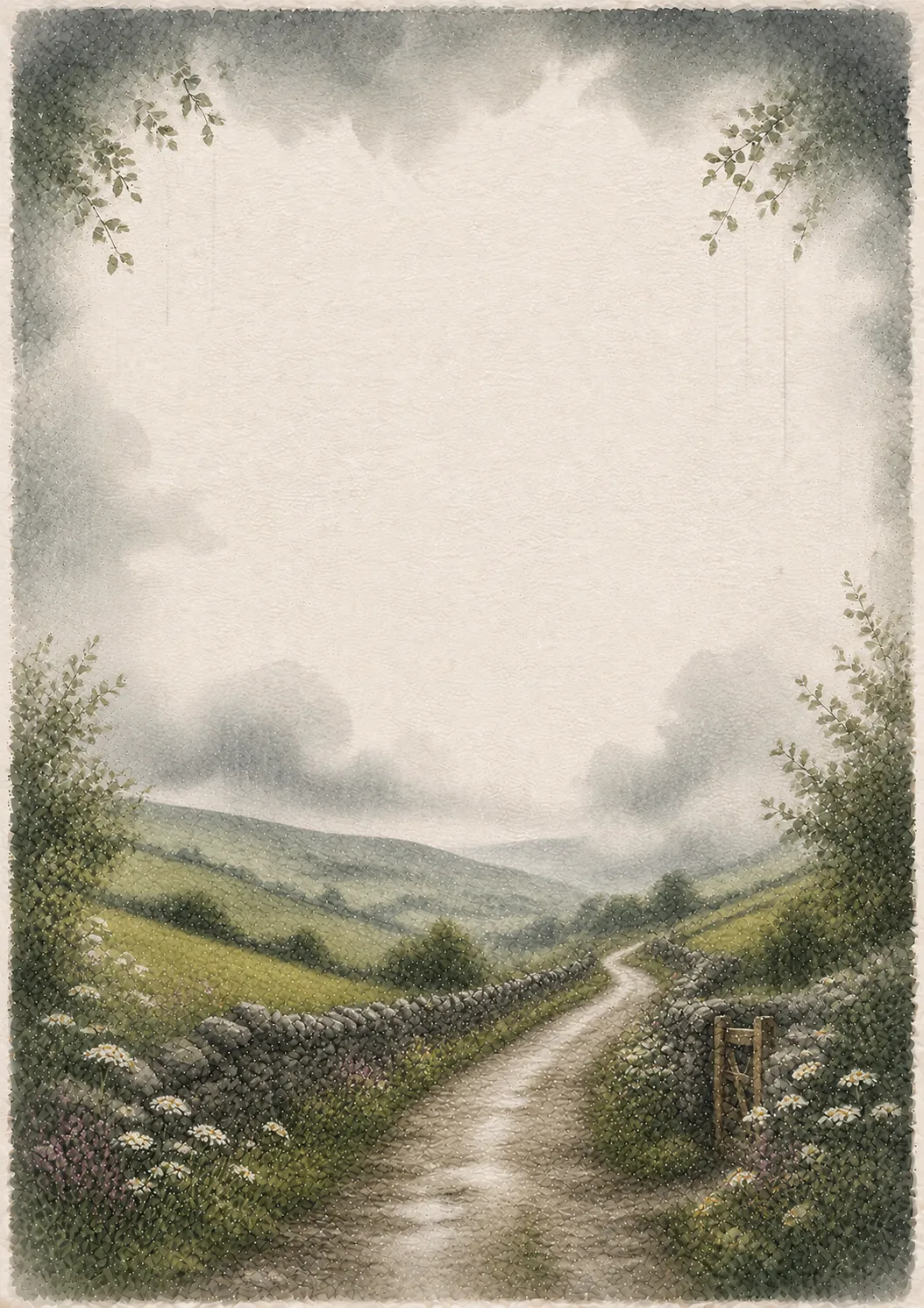 Misty dirt path bounded by mossy stone walls and a rustic wooden field gate
