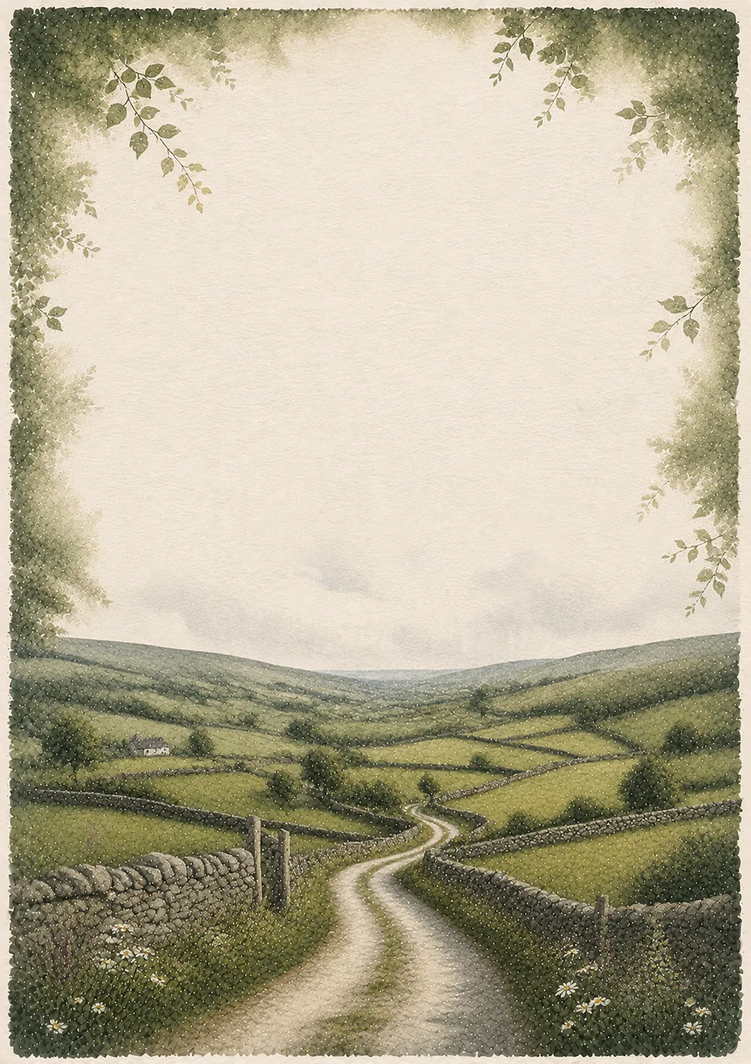 Rolling green patchwork fields divided by dry stone walls and country lane