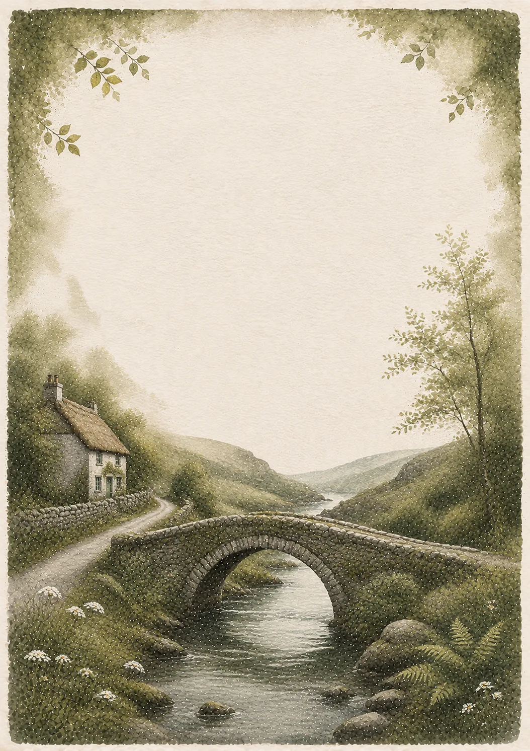 A rustic arched stone bridge crossing a gentle stream next to a small cottage