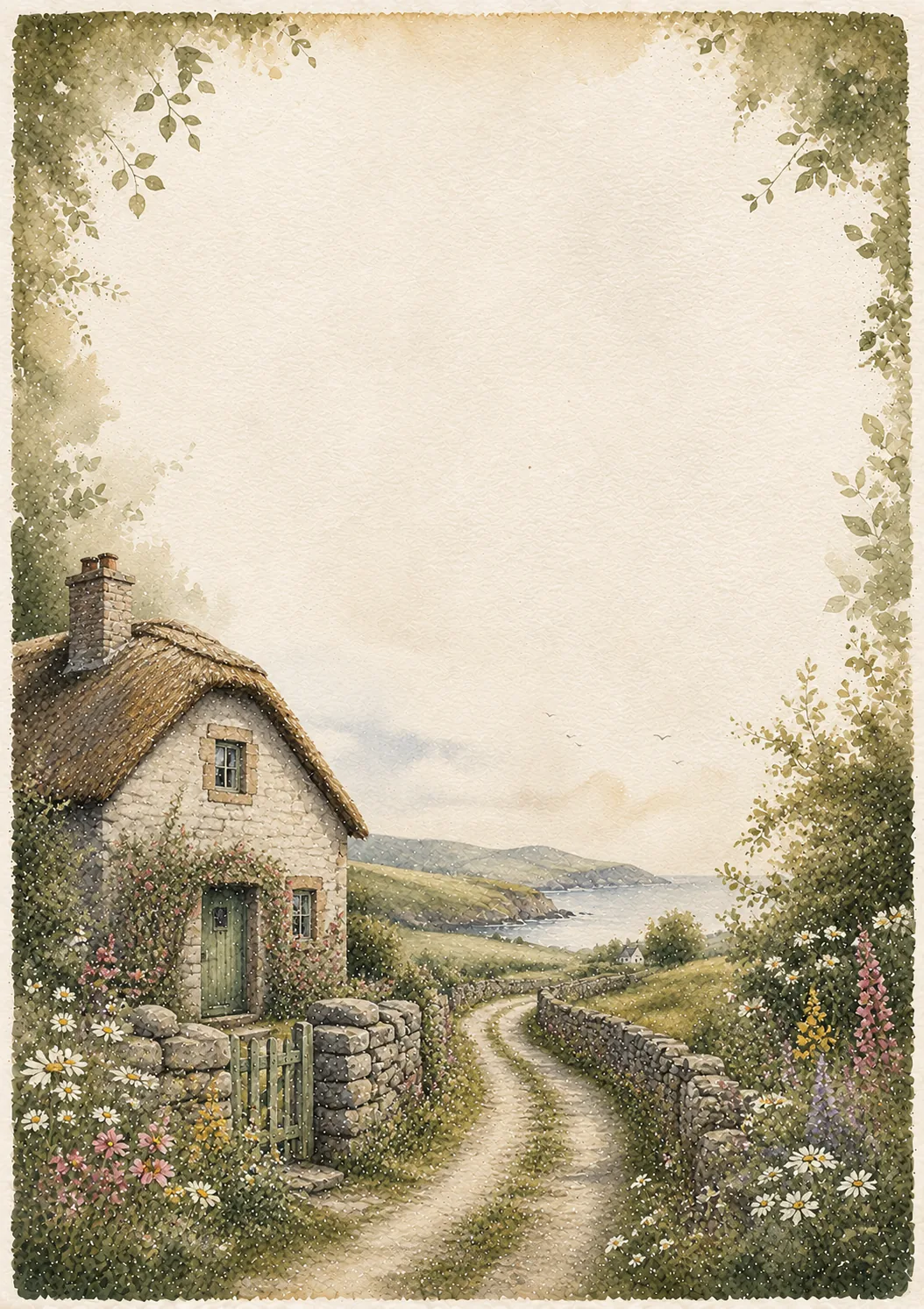 Watercolor thatched cottage beside a coastal dirt path with wild daisies
