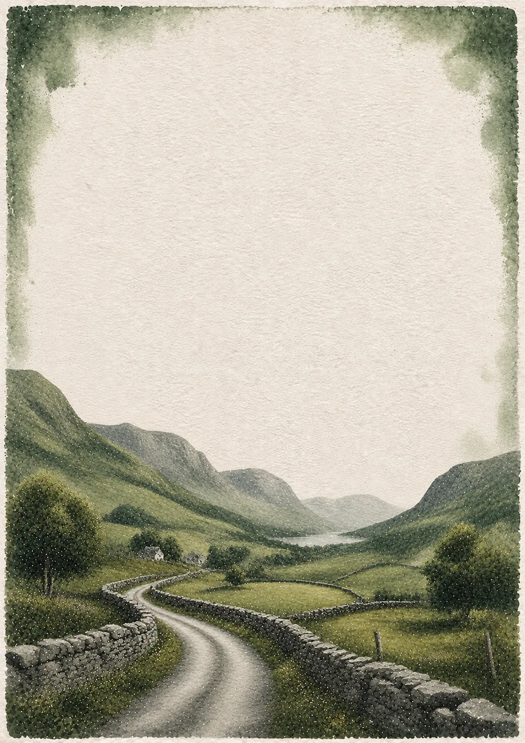 irish countryside stationery paper with winding valley road and stone walls