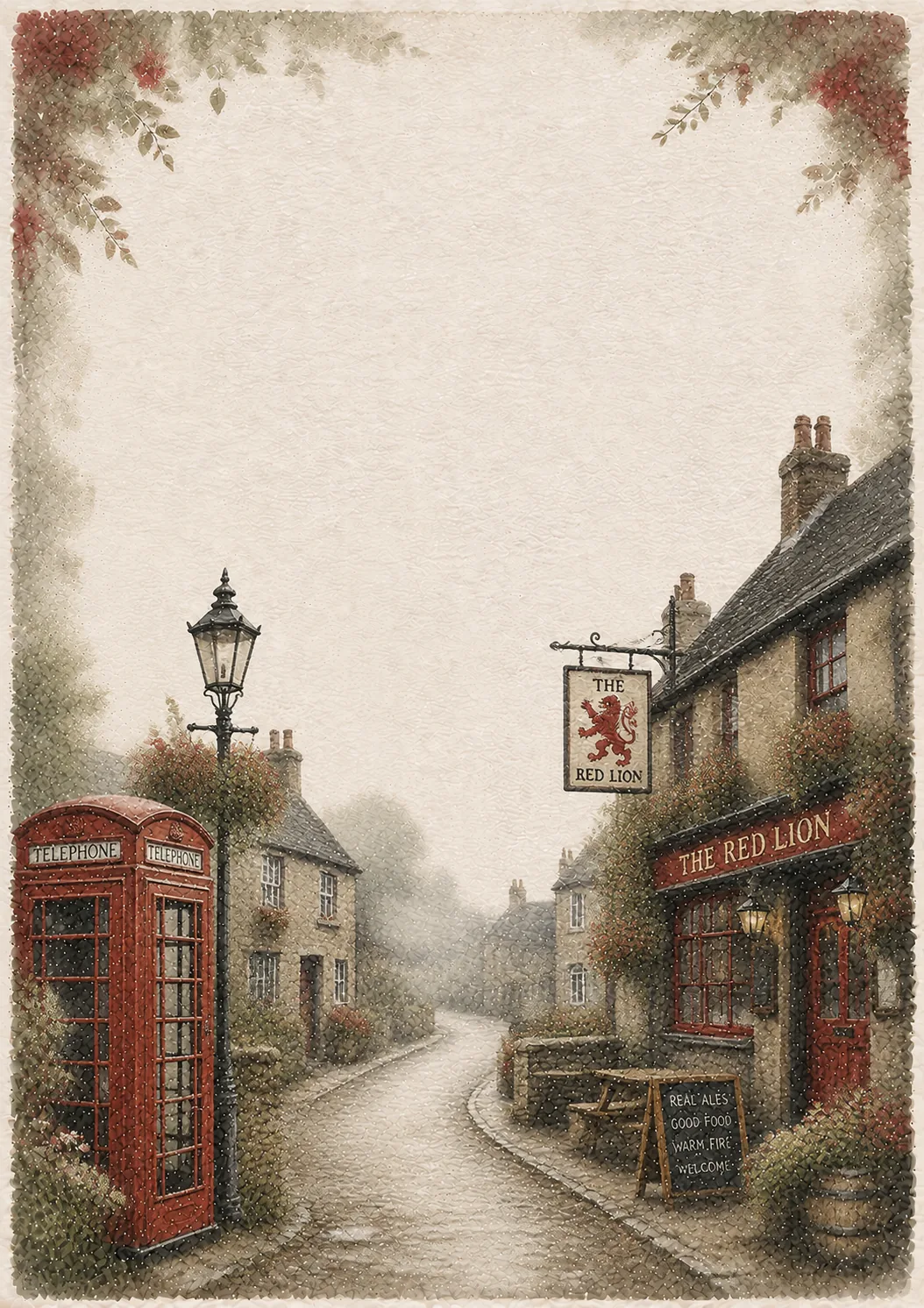 Vintage red phone booth and village pub along a cobbled country street