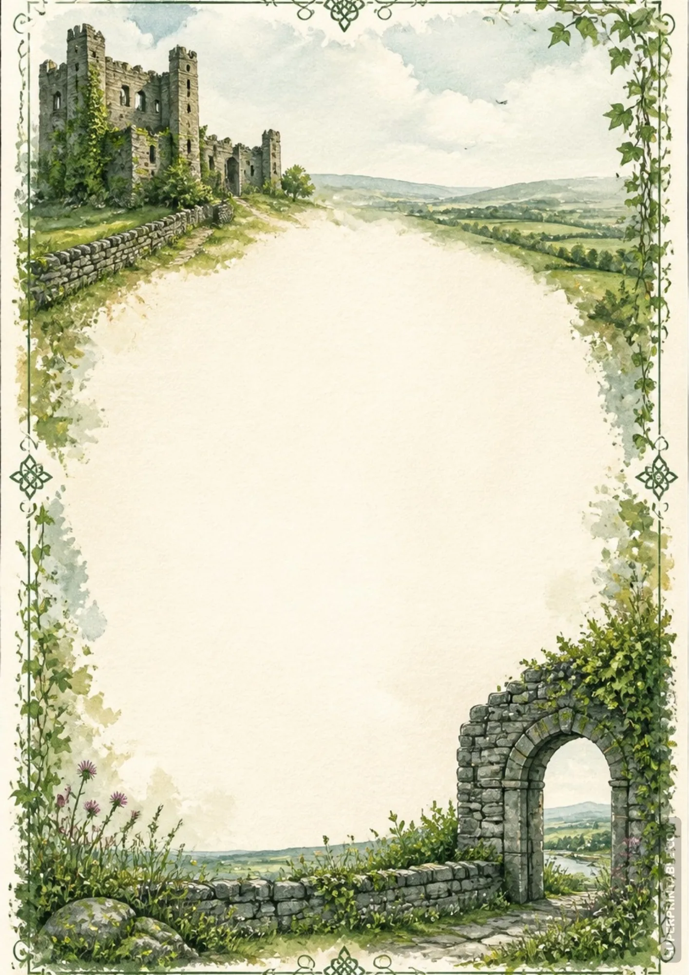 Irish castle ruins watercolor writing sheet with ivy-covered stone arch and countryside landscape