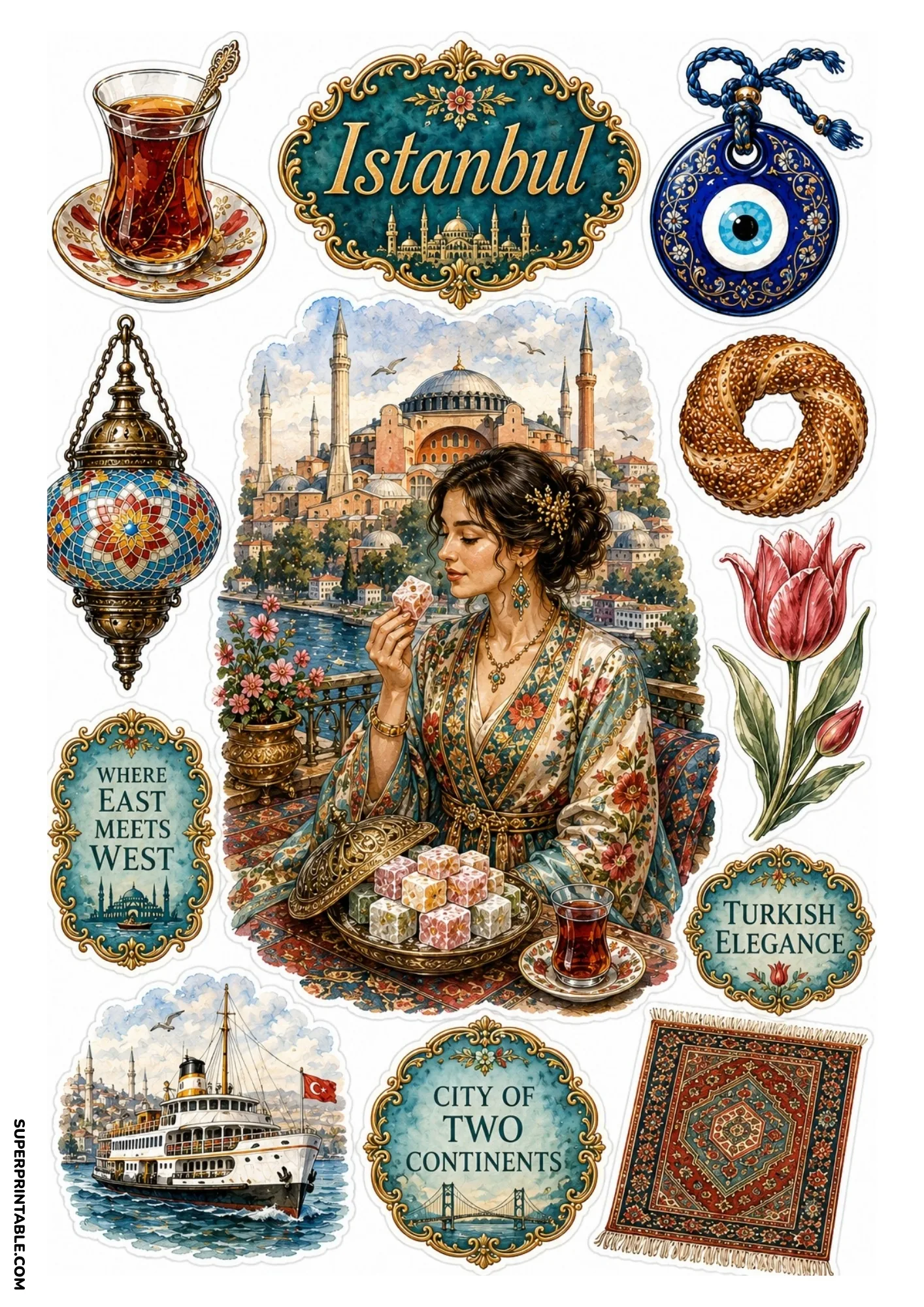 Istanbul travel sticker sheet featuring Hagia Sophia dome and Grand Bazaar lanterns