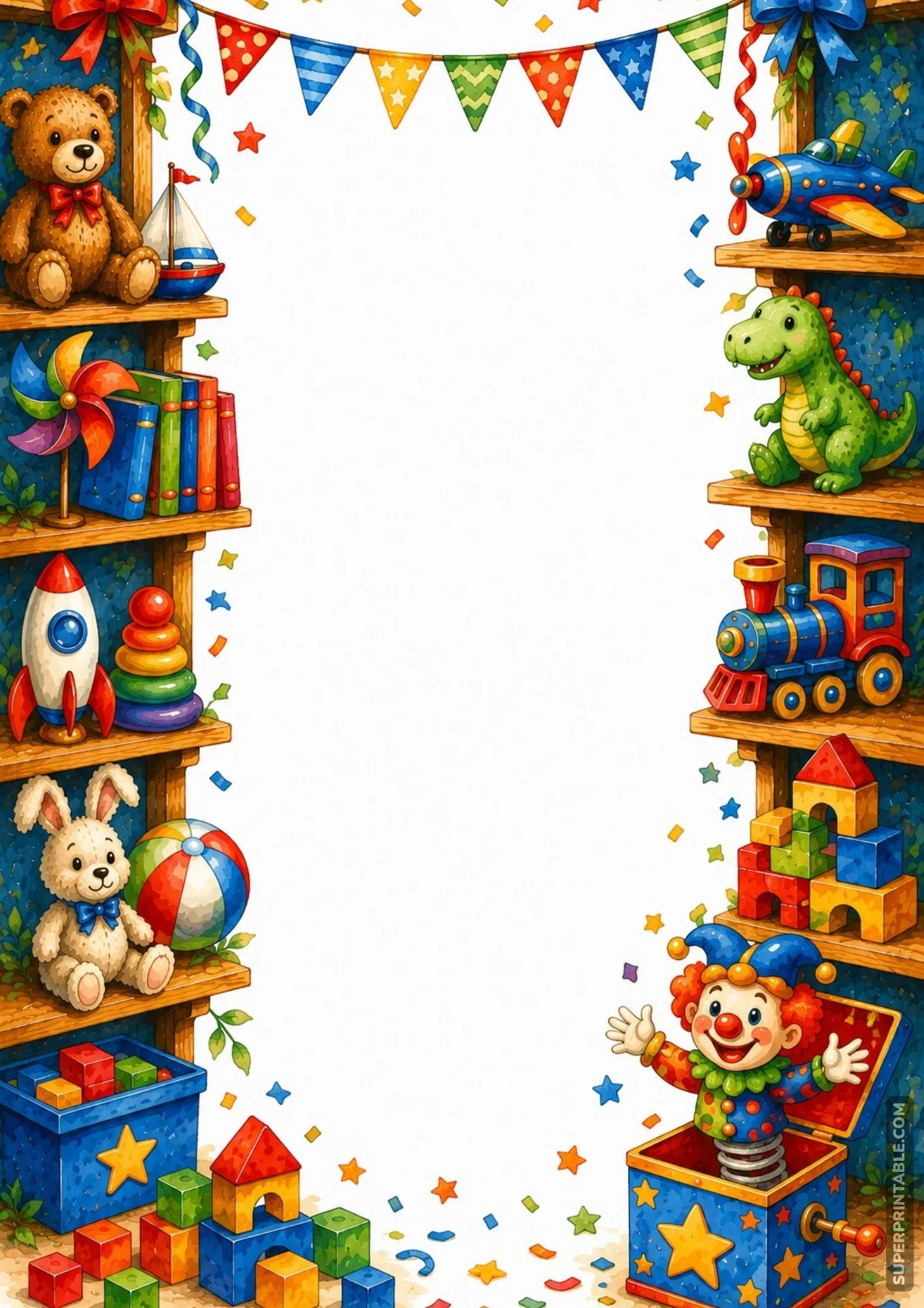 Festive border frame featuring a happy jack-in-the-box clown popping out of a box.