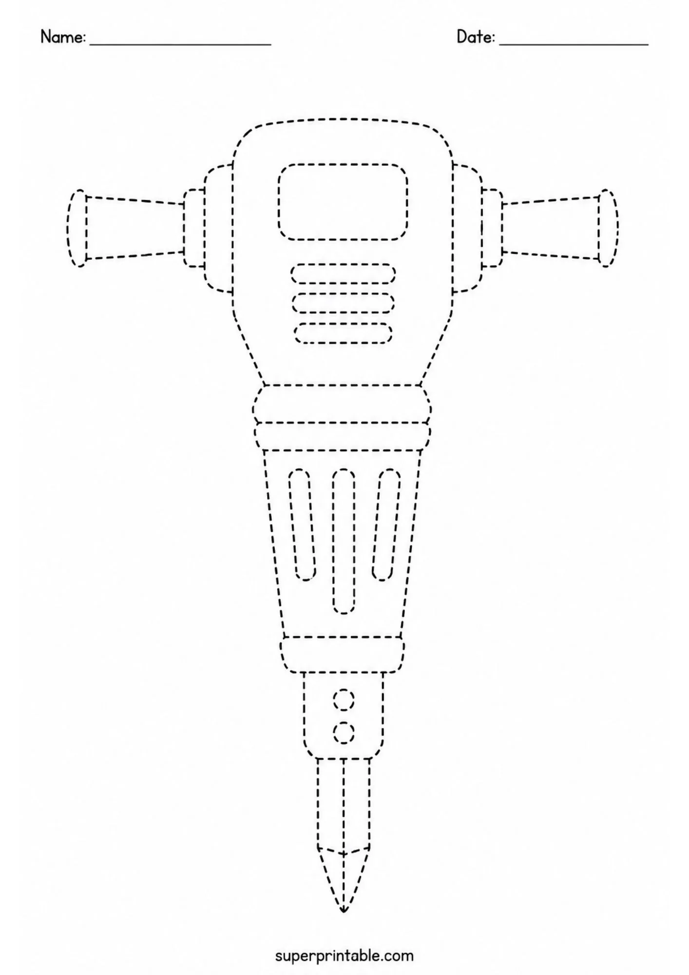 Pneumatic jackhammer construction tool line tracing activity page for preschool kids.