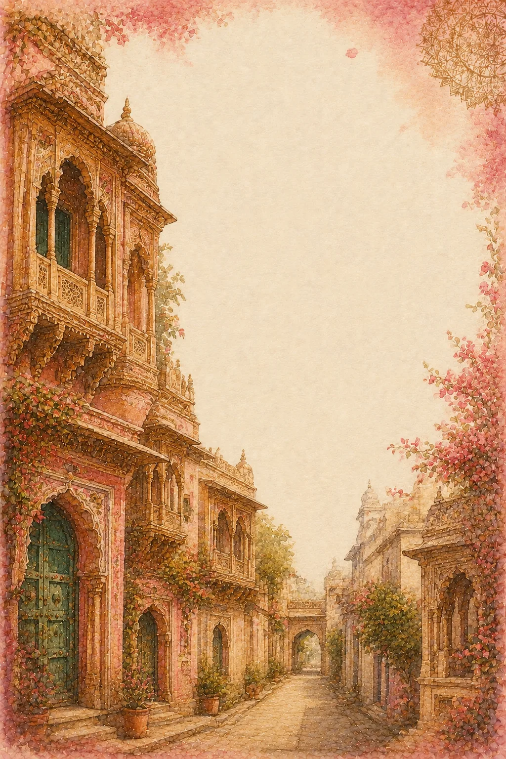Pink watercolor street with ornate Rajasthan haveli balconies and floral washed border.
