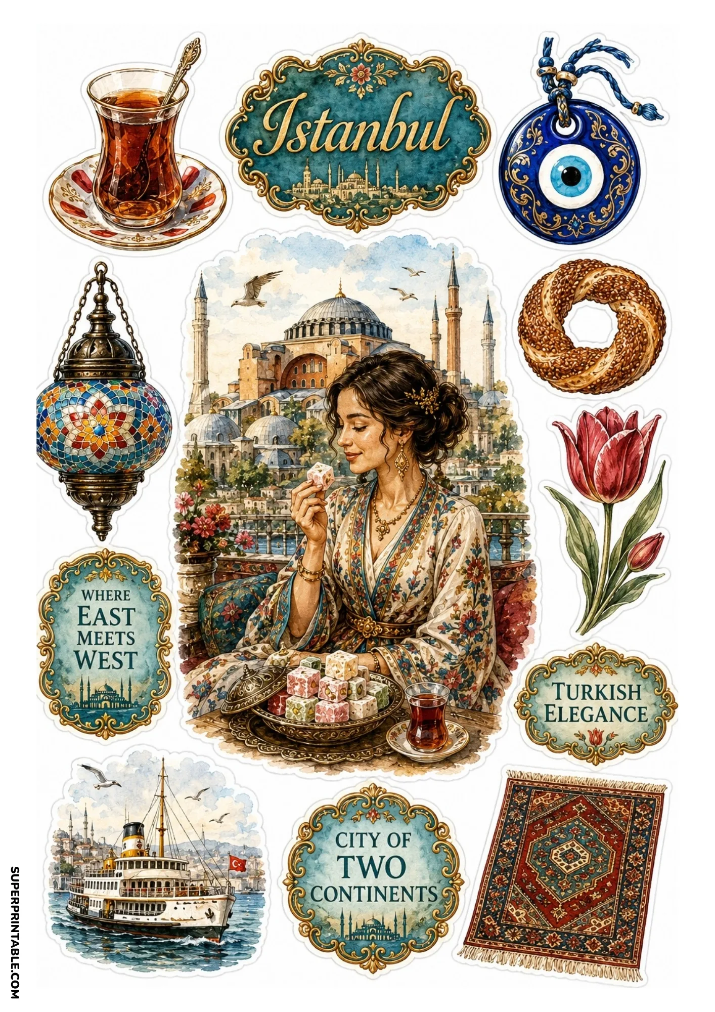 Printable Jaipur sticker sheet featuring Hawa Mahal Palace and royal elephants