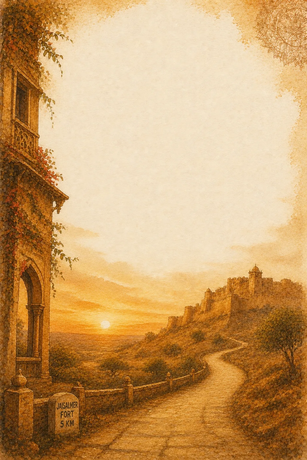 Golden watercolor Jaisalmer Fort hill view with stone archway and decorative border.