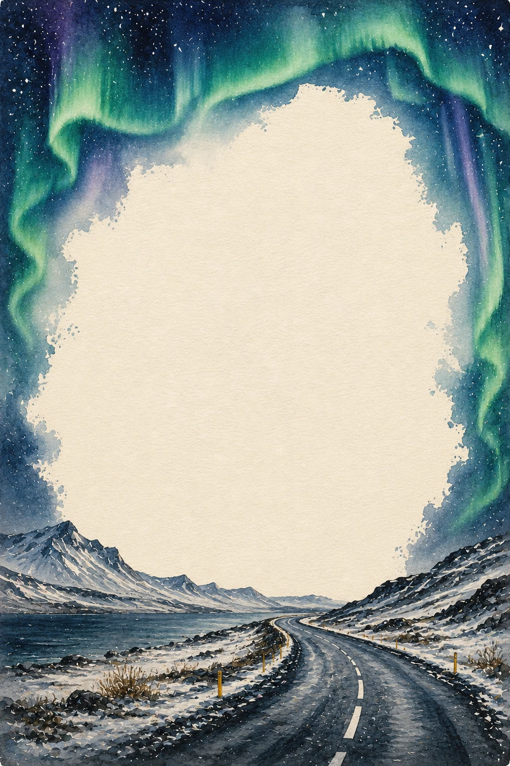 Icelandic snowy coastal road with mountains watercolor washed border page