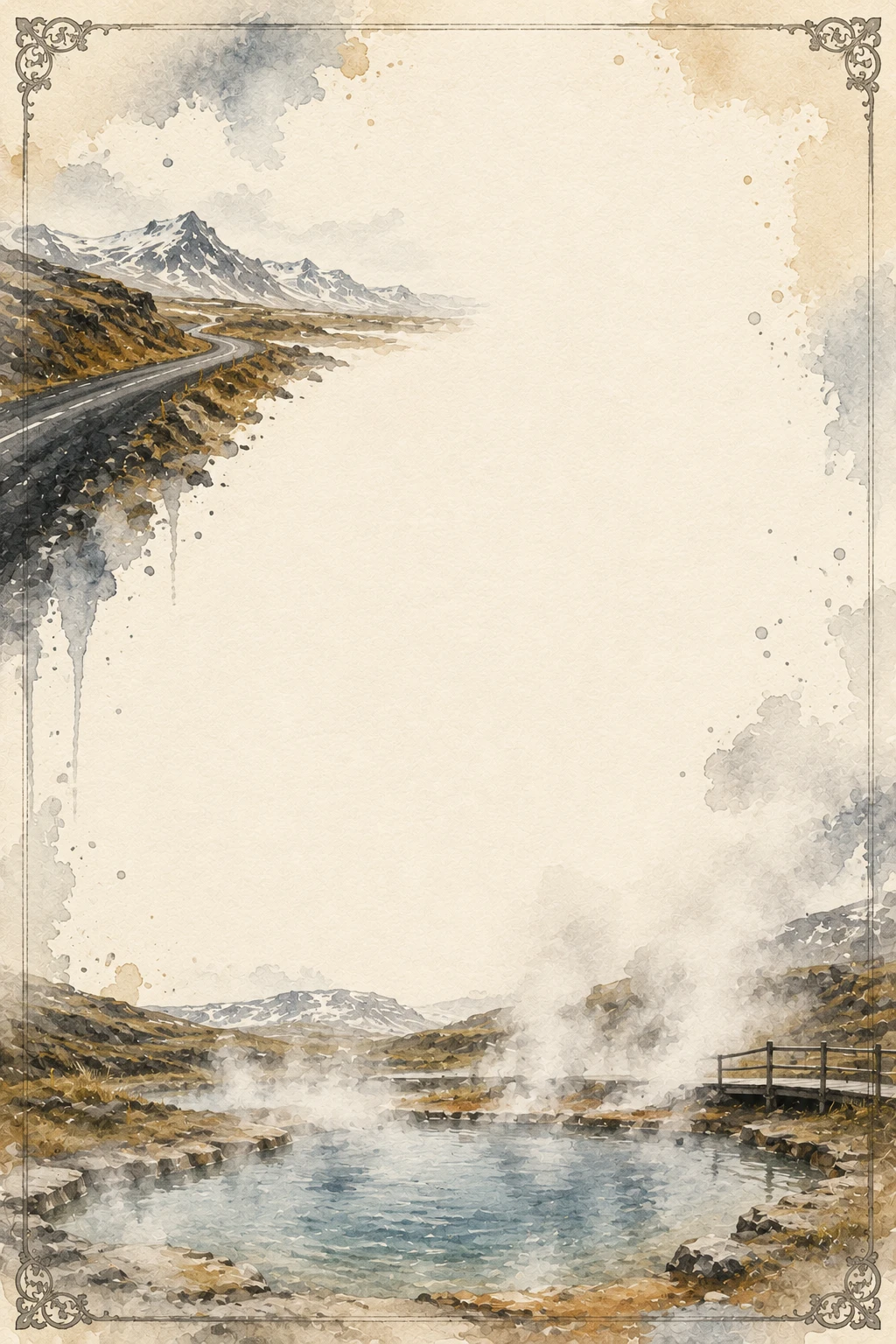 Iceland geothermal hot spring and mountain landscape watercolor washed border page
