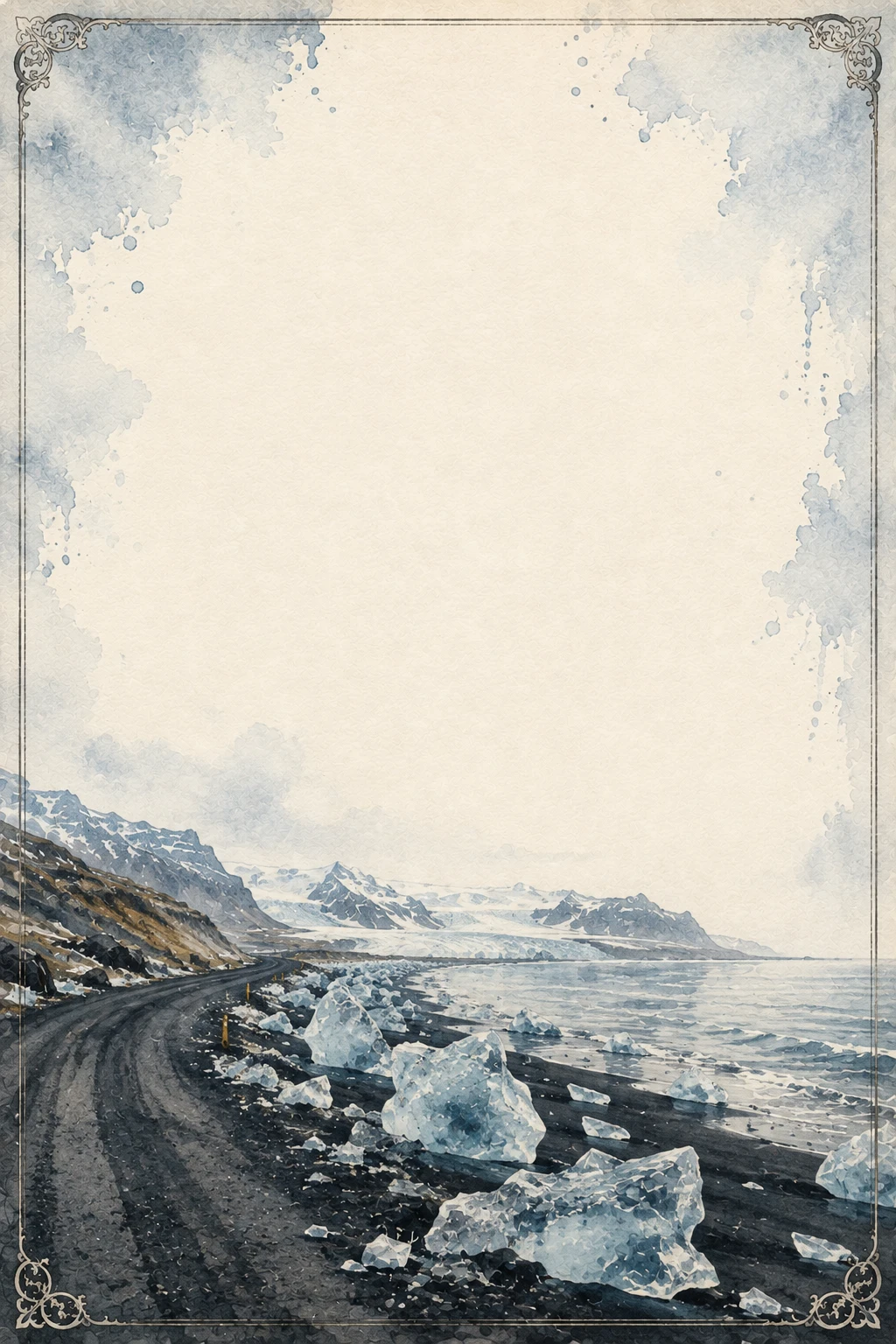 Iceland glacier coast with ice chunks and road watercolor washed border page