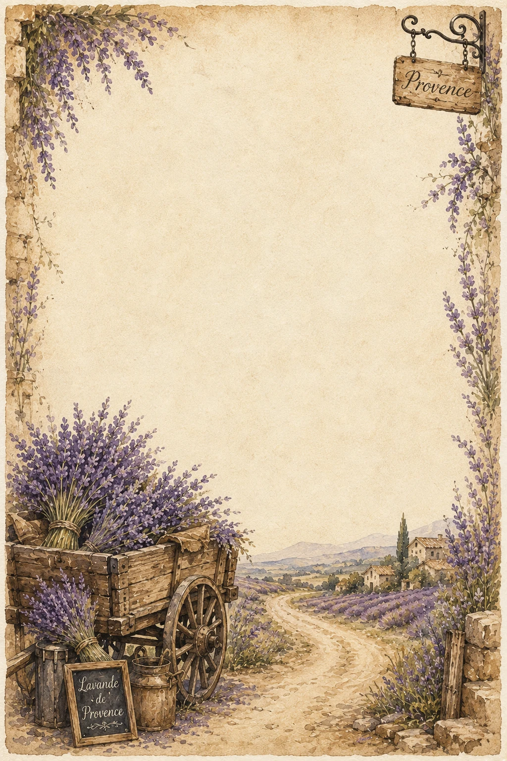 Provence lavender countryside road watercolor washed border page