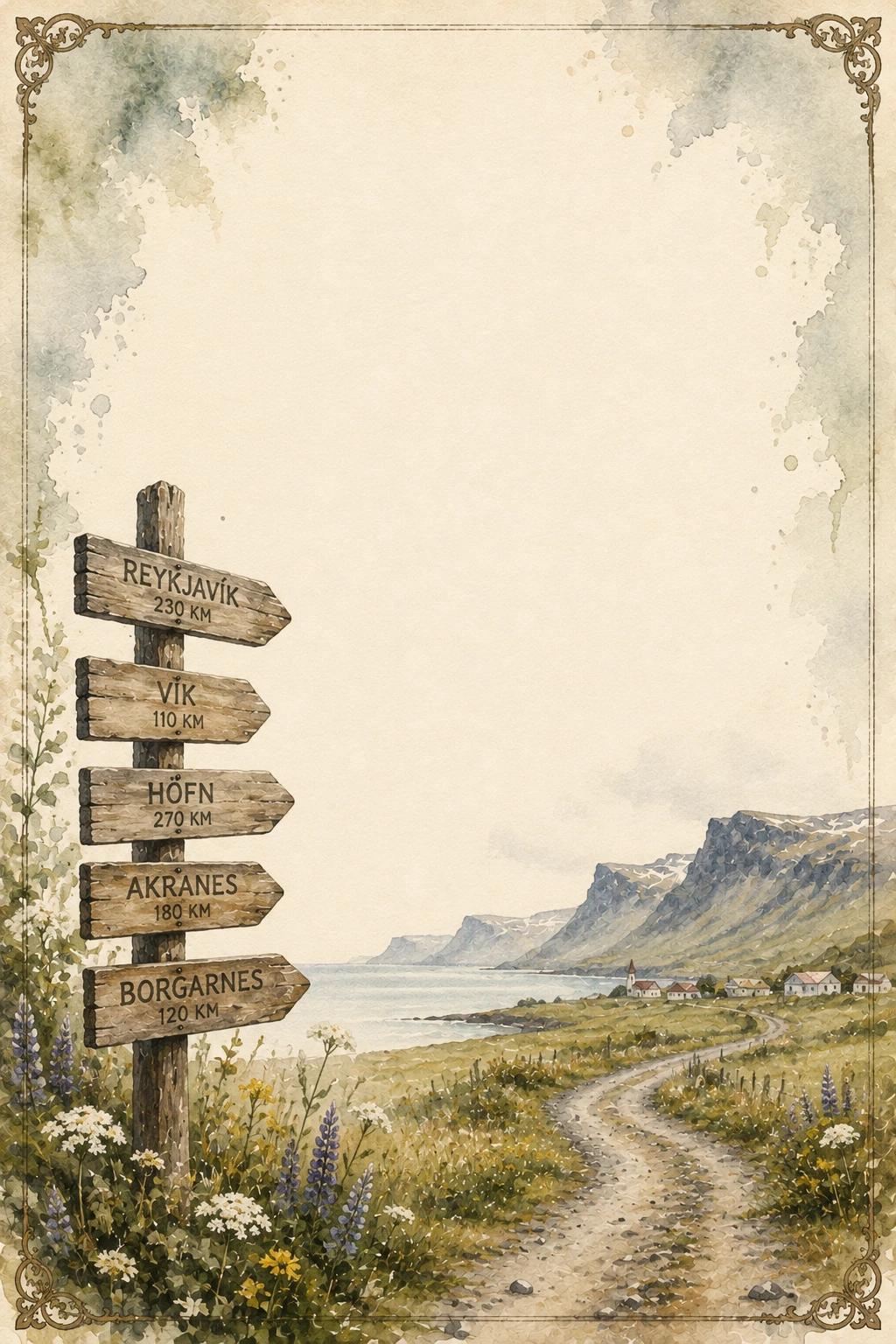 Iceland countryside with Reykjavik Vik and Höfn sign watercolor washed border page